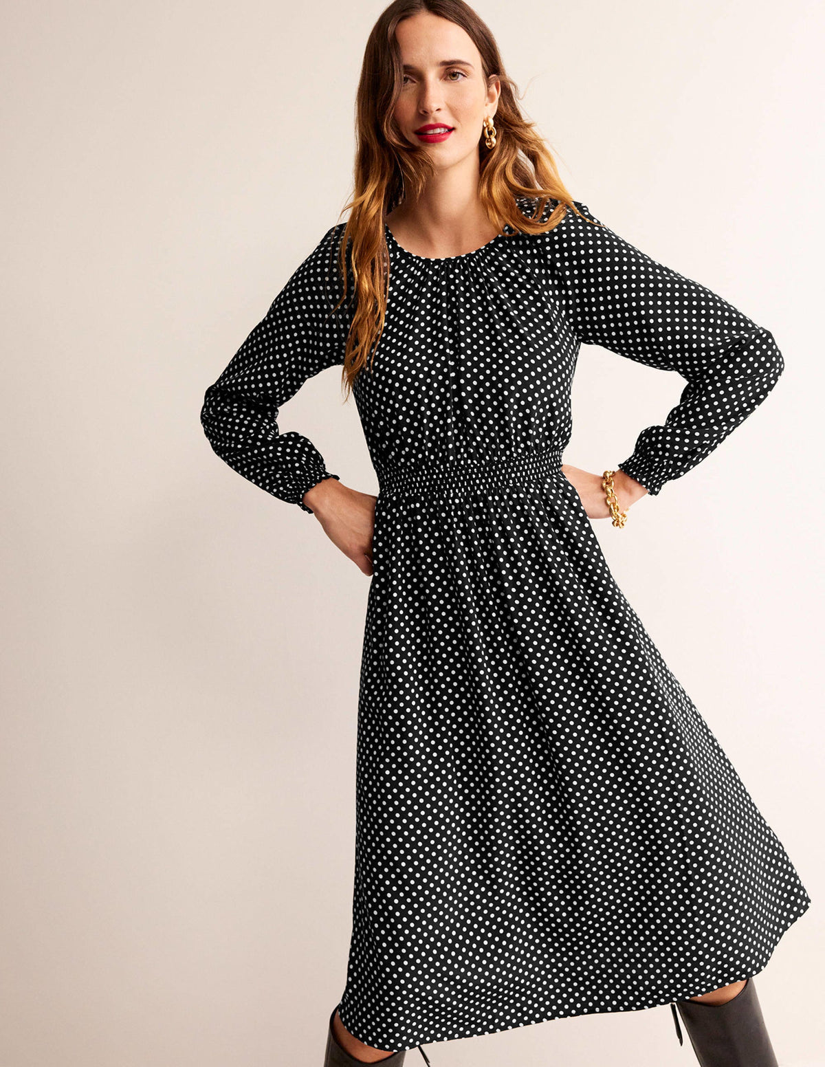 Gather Raglan Midi Dress-Black, Dotty-1