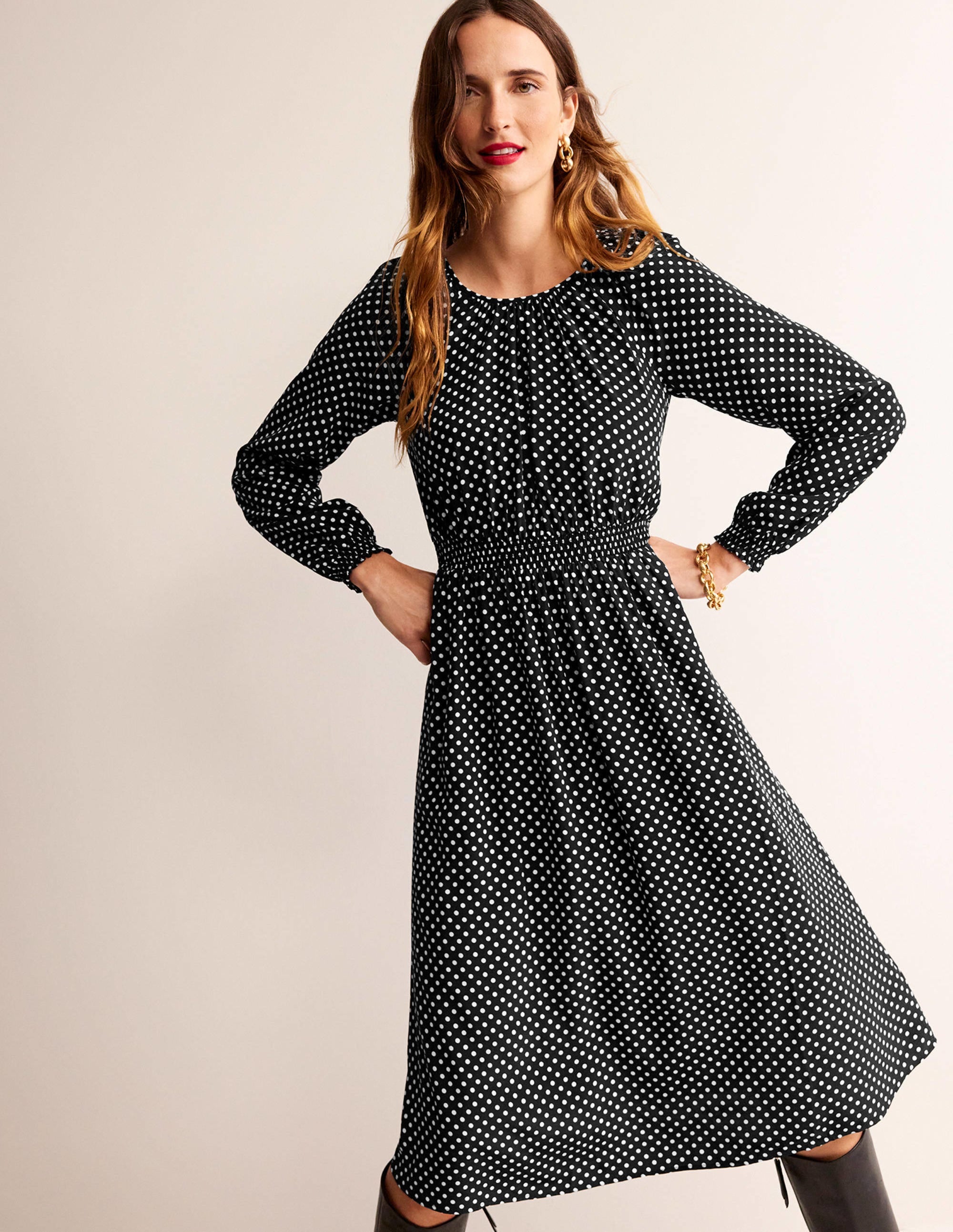 Gather Raglan Midi Dress-Black, Dotty - Image 1