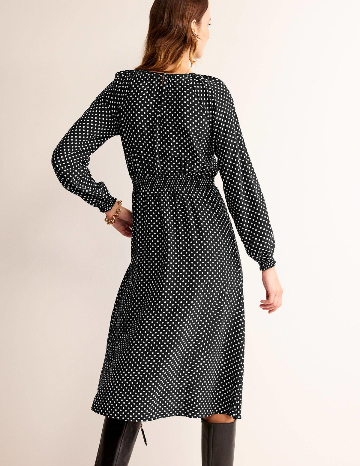 Gather Raglan Midi Dress-Black, Dotty-3