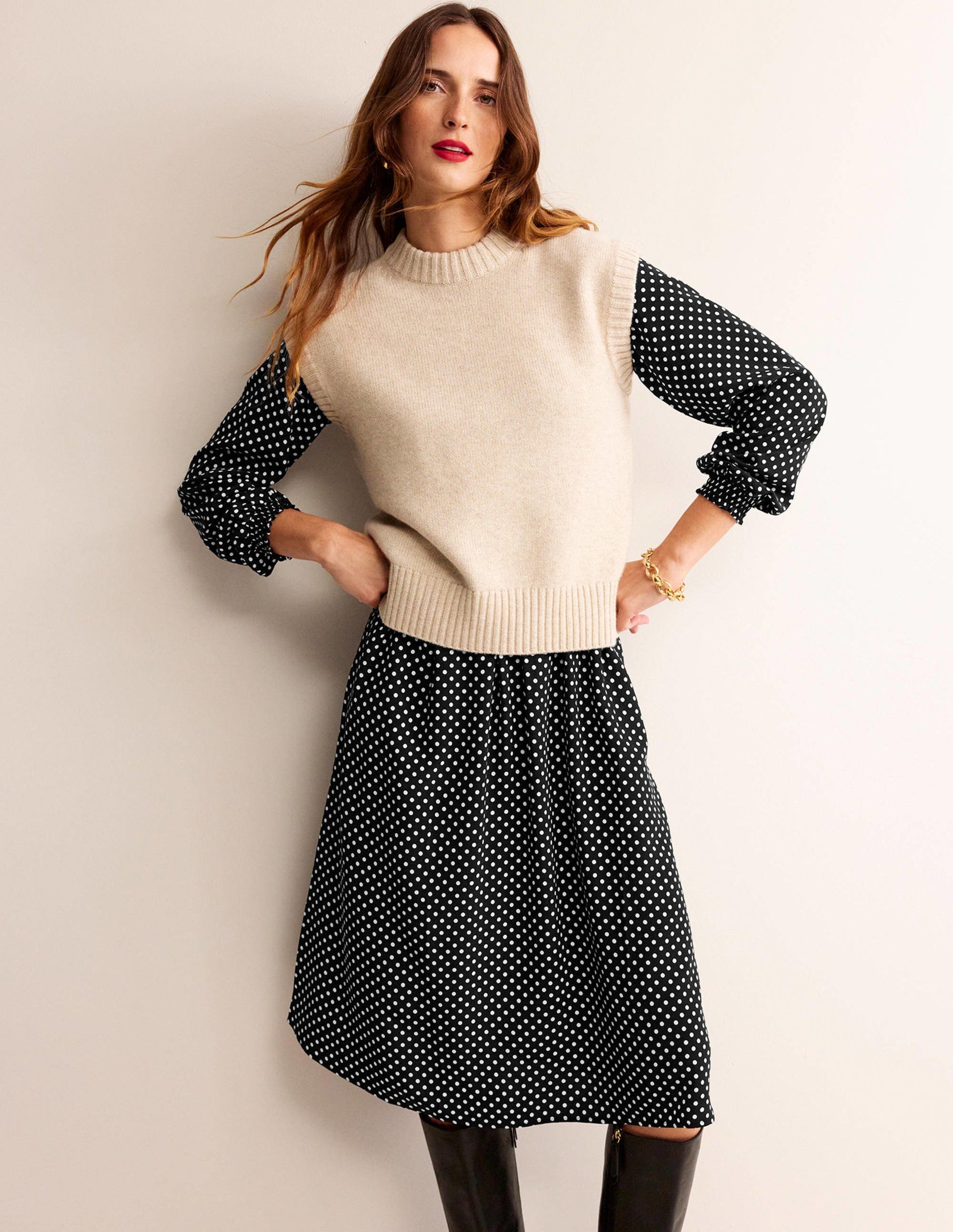 Gather Raglan Midi Dress-Black, Dotty-4