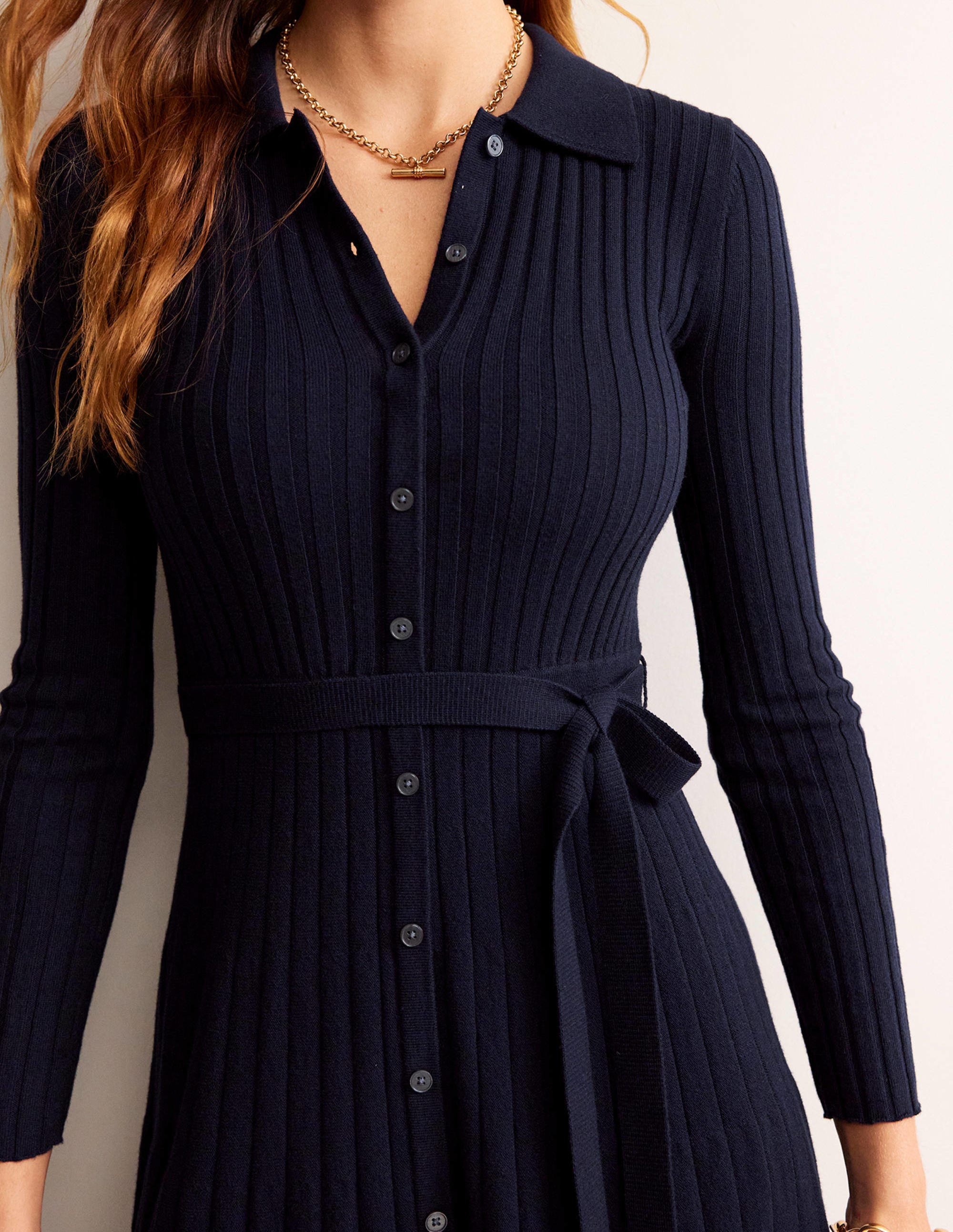 Rachel Knitted Shirt Dress-Dark Blue - Image 2