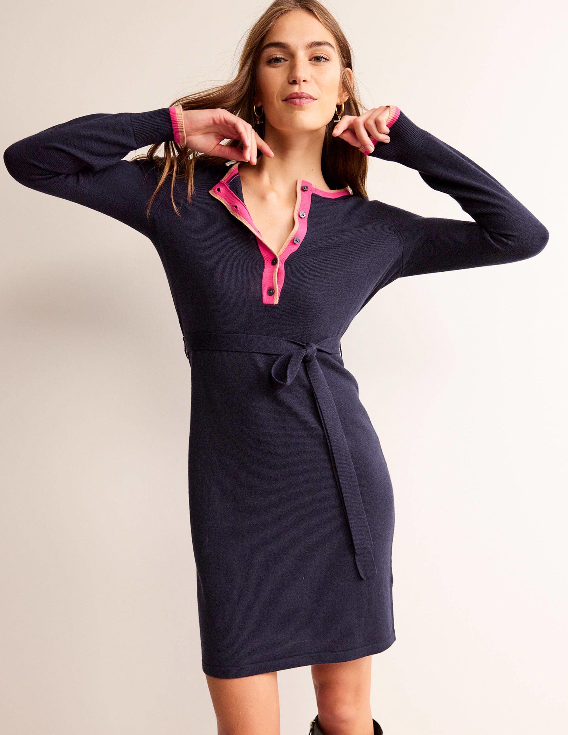Gemma Henley Knitted Dress-Navy-2