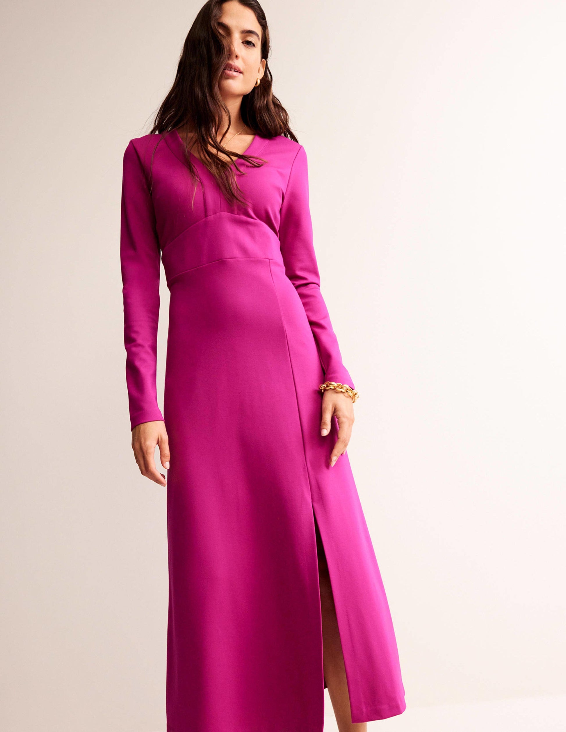 V-Neck Ponte Maxi Dress-Vibrant Plum-1