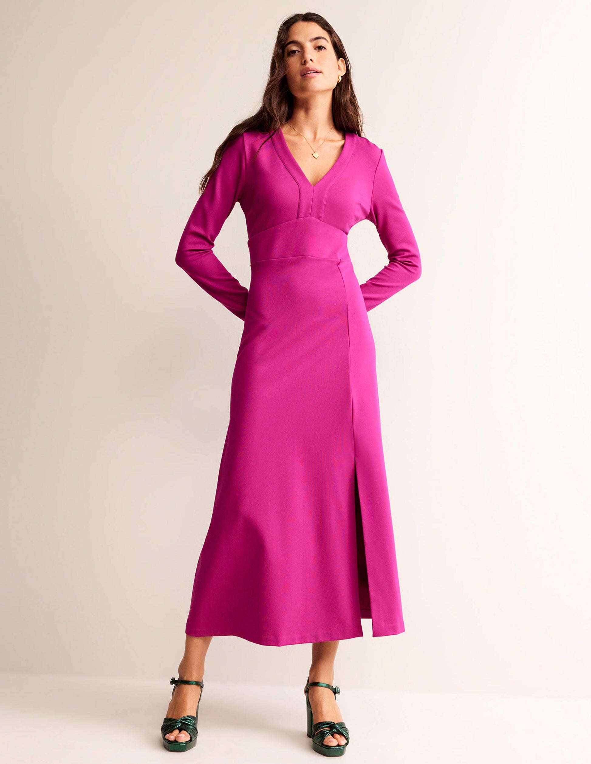 V-Neck Ponte Maxi Dress-Vibrant Plum-2