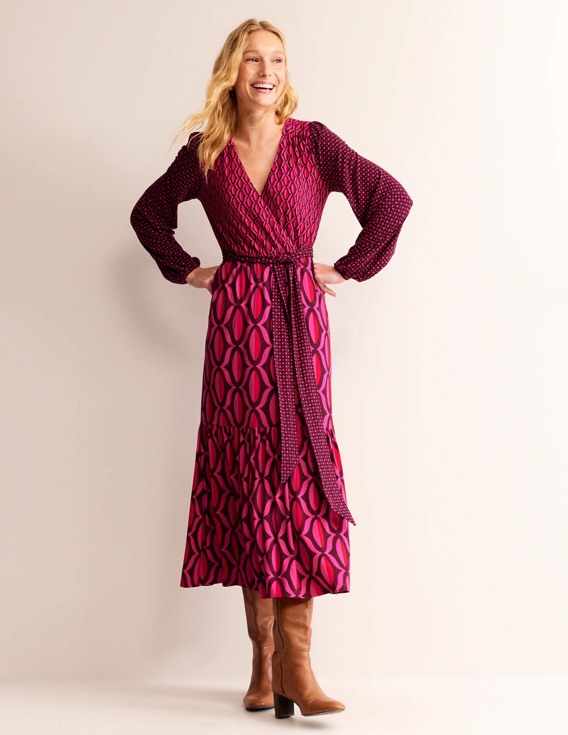 Jersey Maxi Wrap Dress-Vibrant Pink, Geo Valley-2