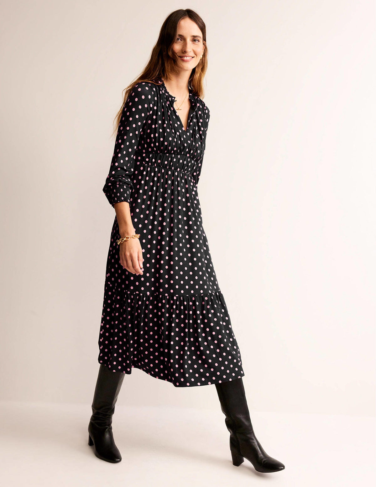 Rosanna Long Sleeve Tea Dress-Black, Spot-1