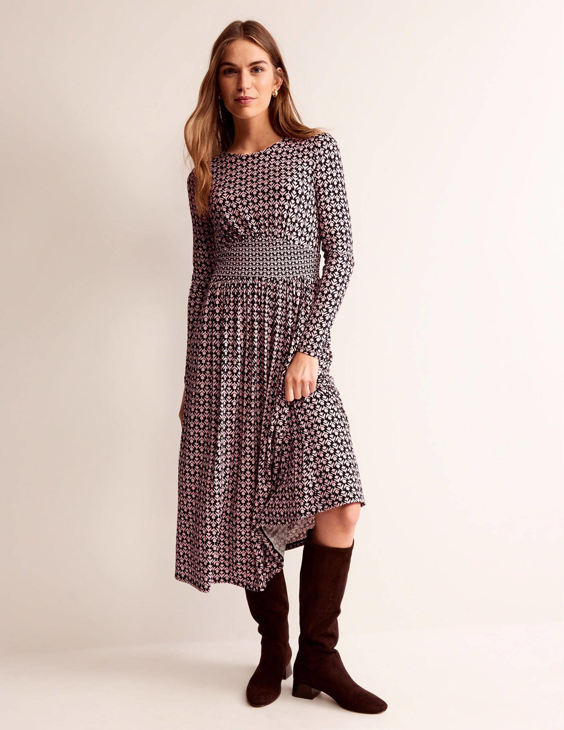 Thea Long Sleeve Midi Dress-Black and Milkshake, Tulip Pop-1