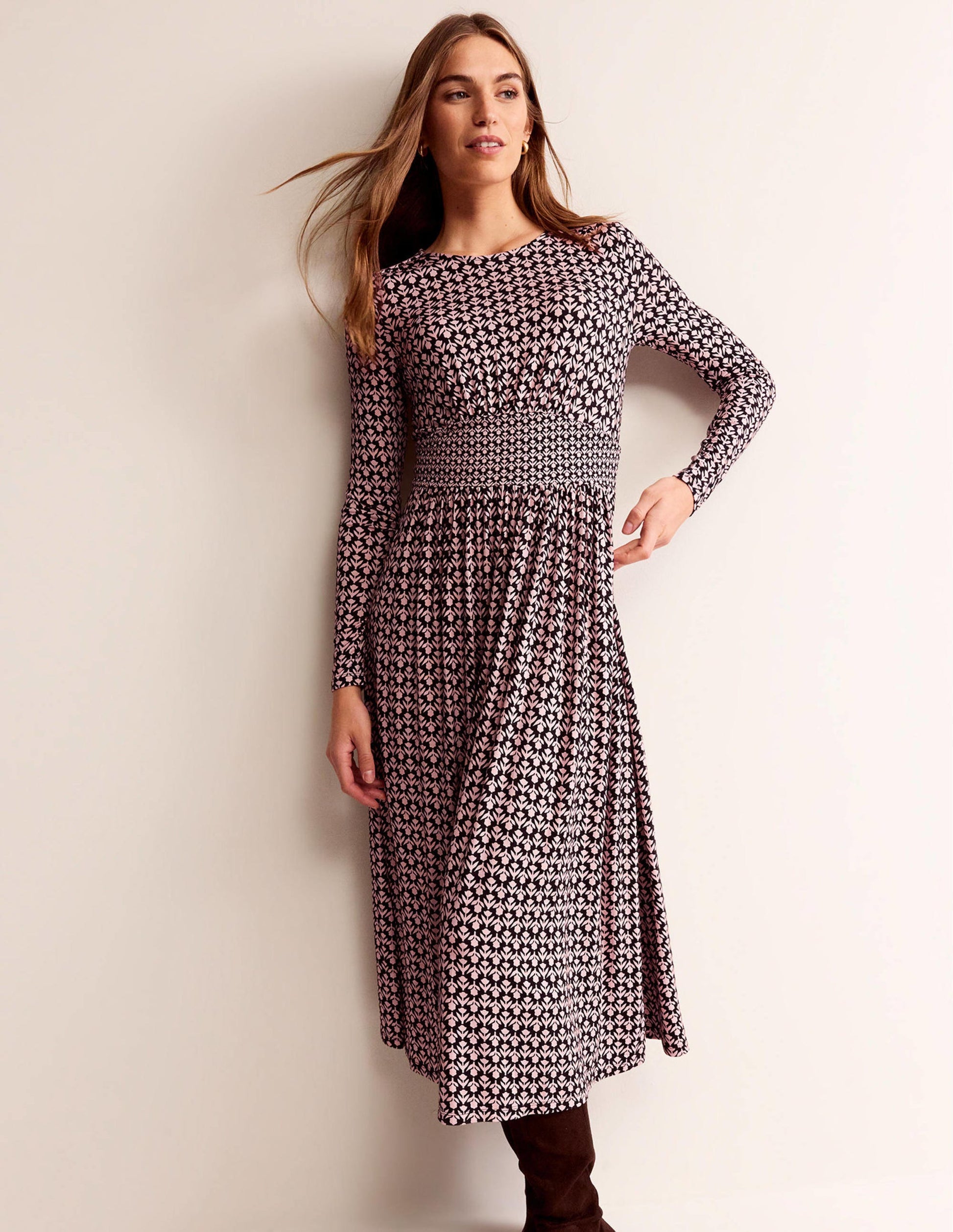 Thea Long Sleeve Midi Dress-Black and Milkshake, Tulip Pop-4
