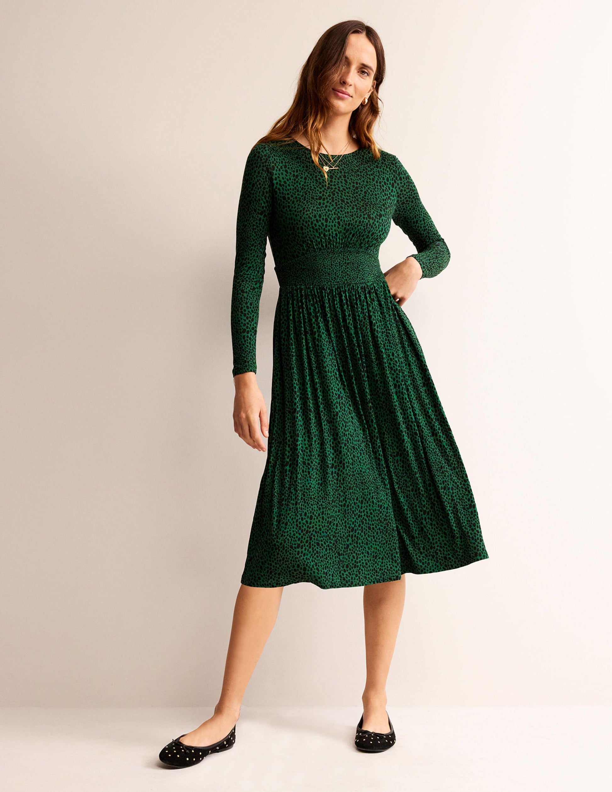 Thea Long Sleeve Midi Dress-Amazon Green, Animal Spot-1
