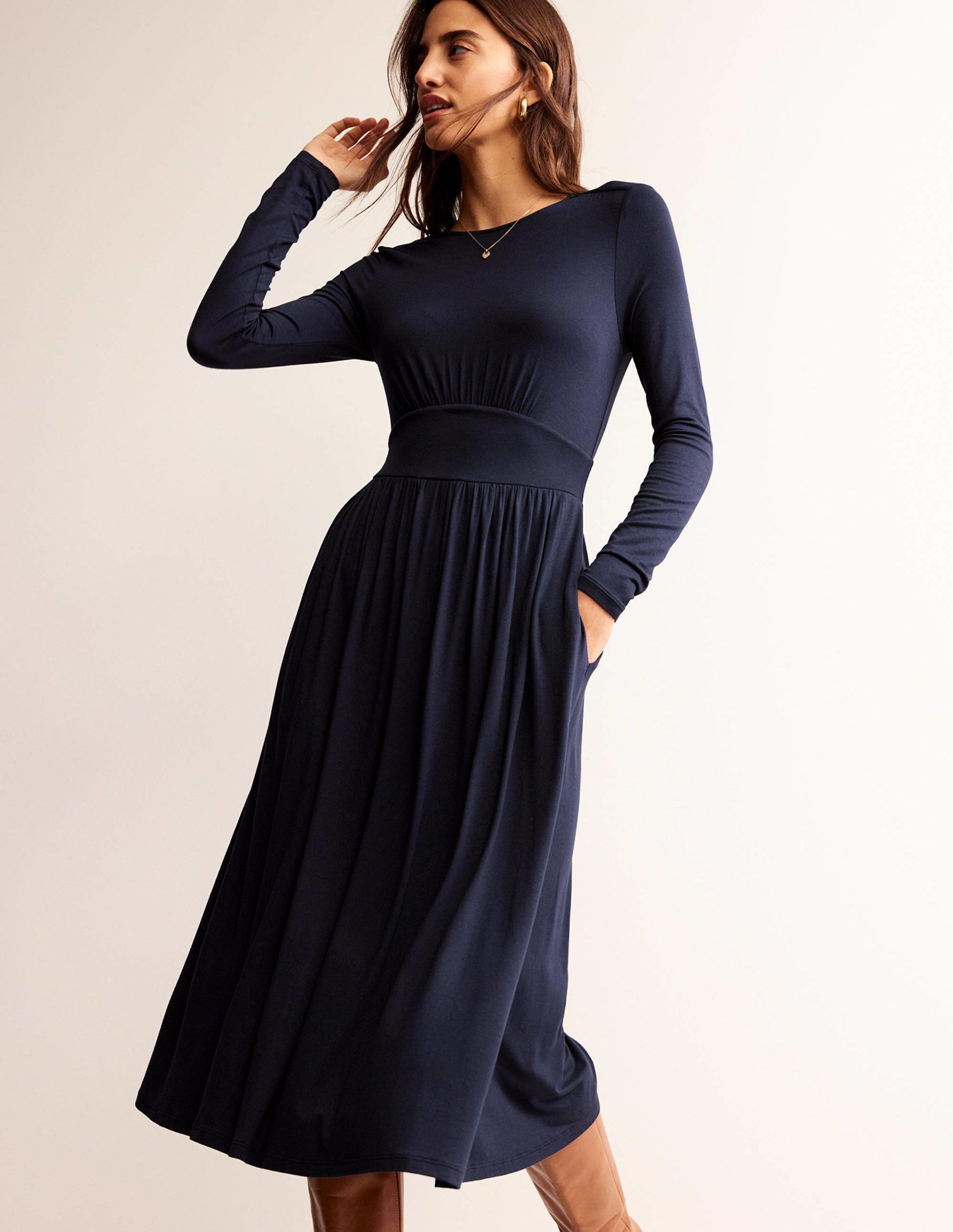 Thea Long Sleeve Midi Dress-Navy-4