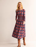 Thea Long Sleeve Midi Dress-French Navy, Paisley Amaryllis