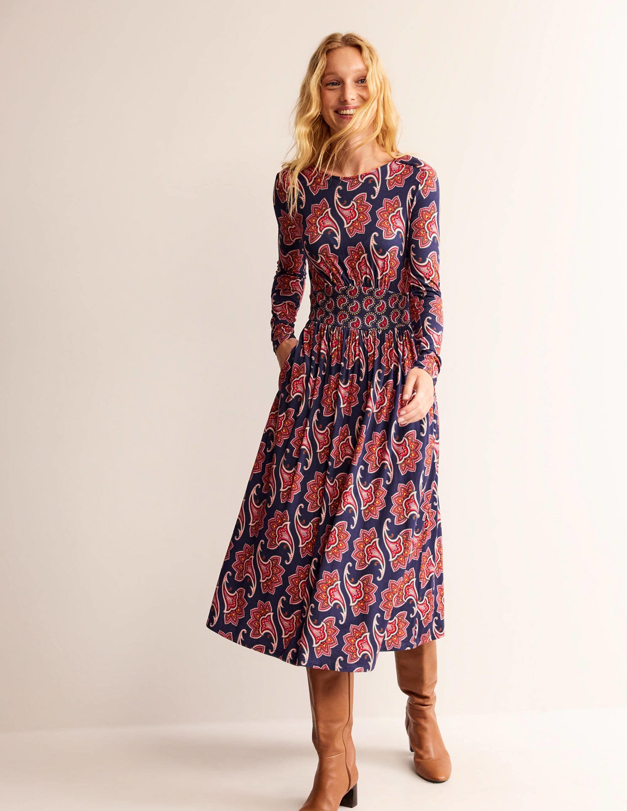 Thea Long Sleeve Midi Dress-French Navy, Paisley Amaryllis - Image 1