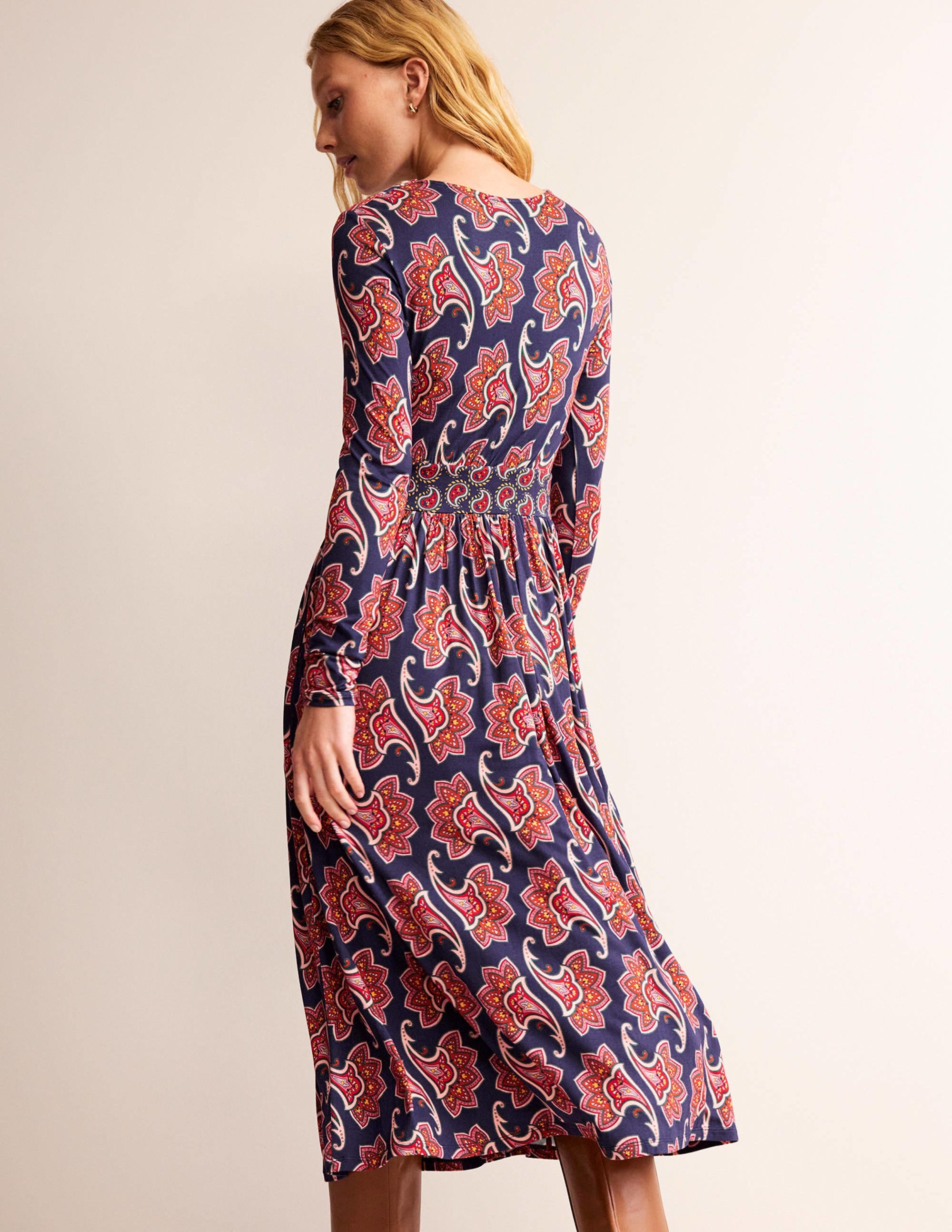 Thea Long Sleeve Midi Dress-French Navy, Paisley Amaryllis - Image 3