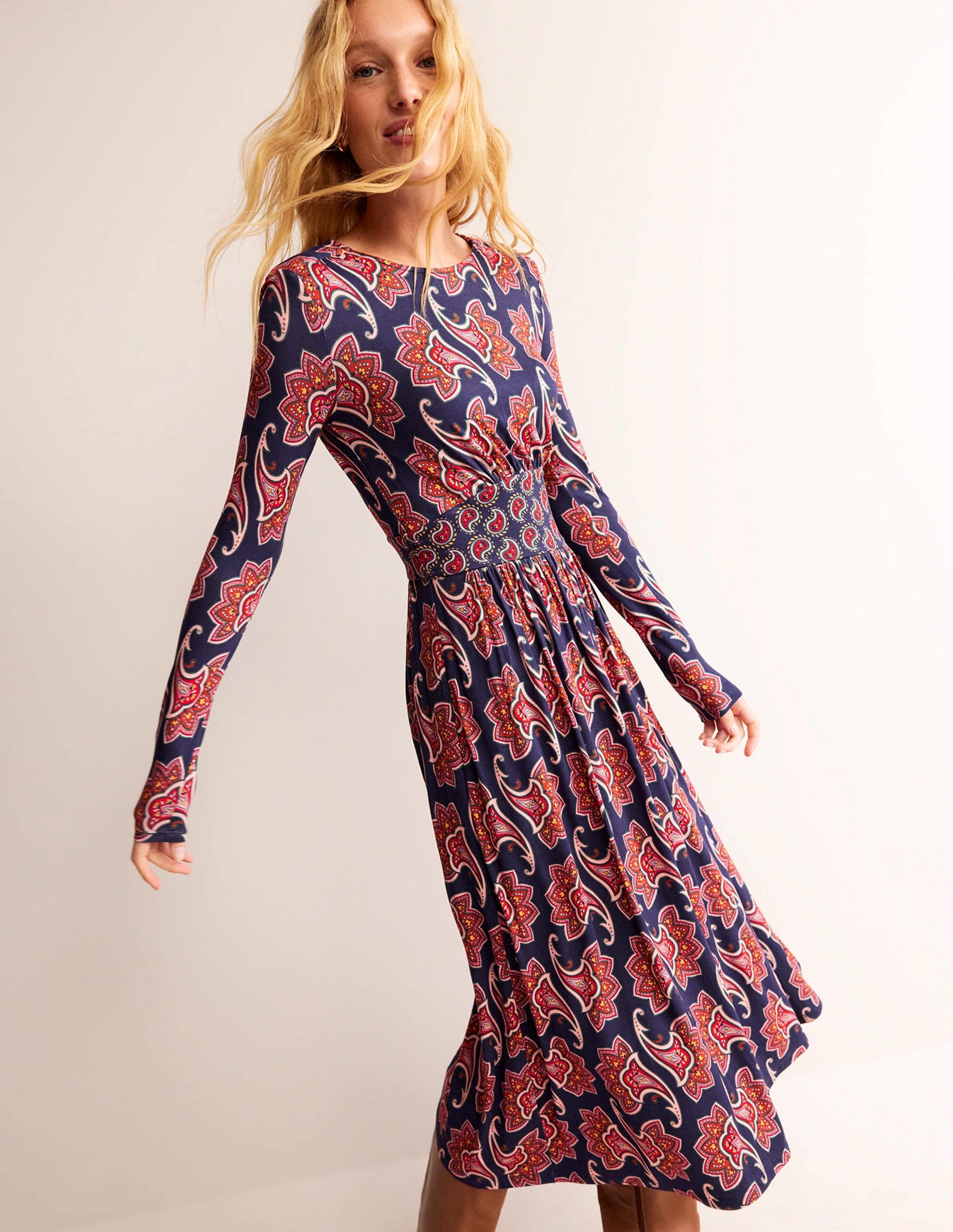 Thea Long Sleeve Midi Dress-French Navy, Paisley Amaryllis - Image 4