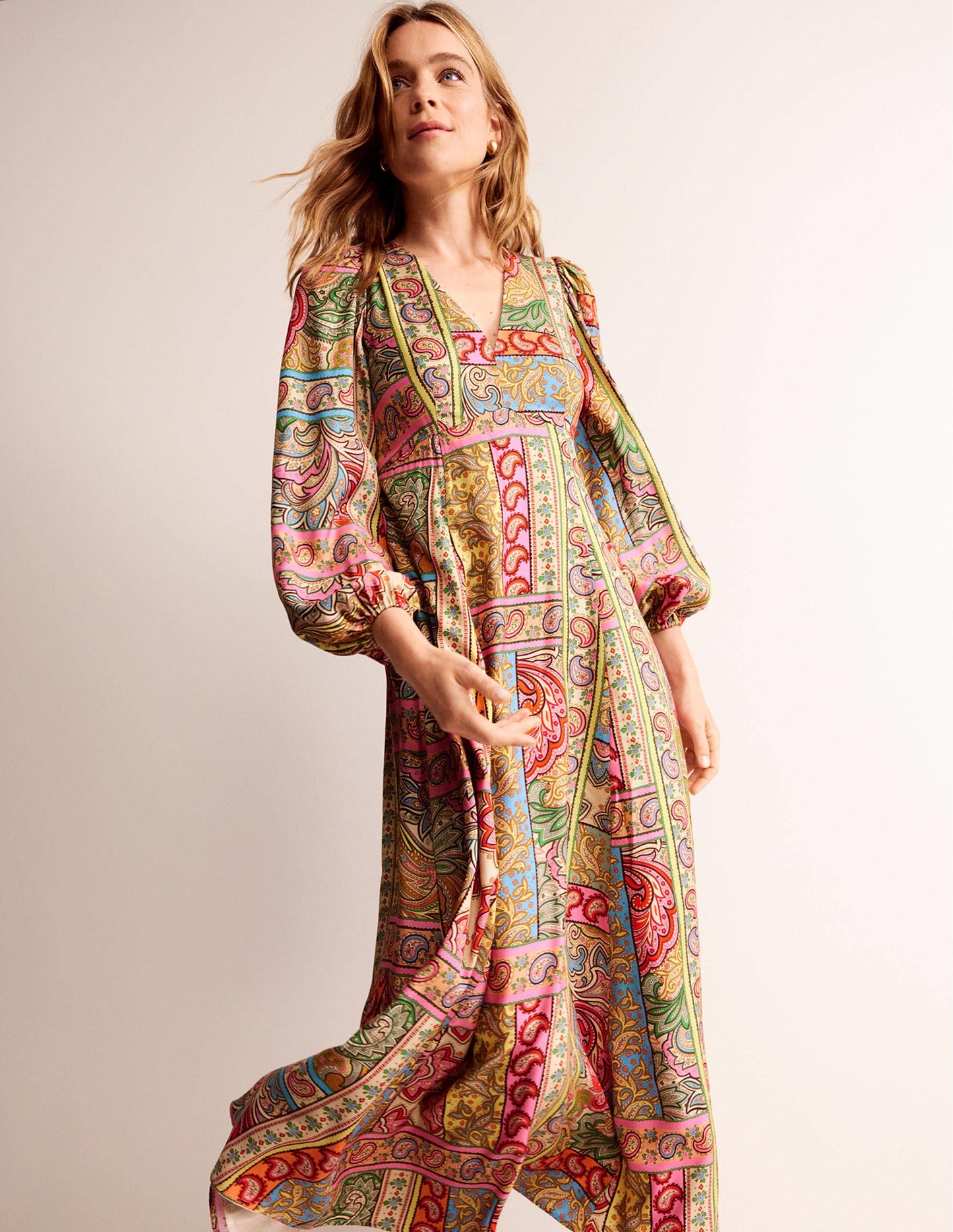Blouson Sleeve Maxi Tea Dress-Multi, Patchwork