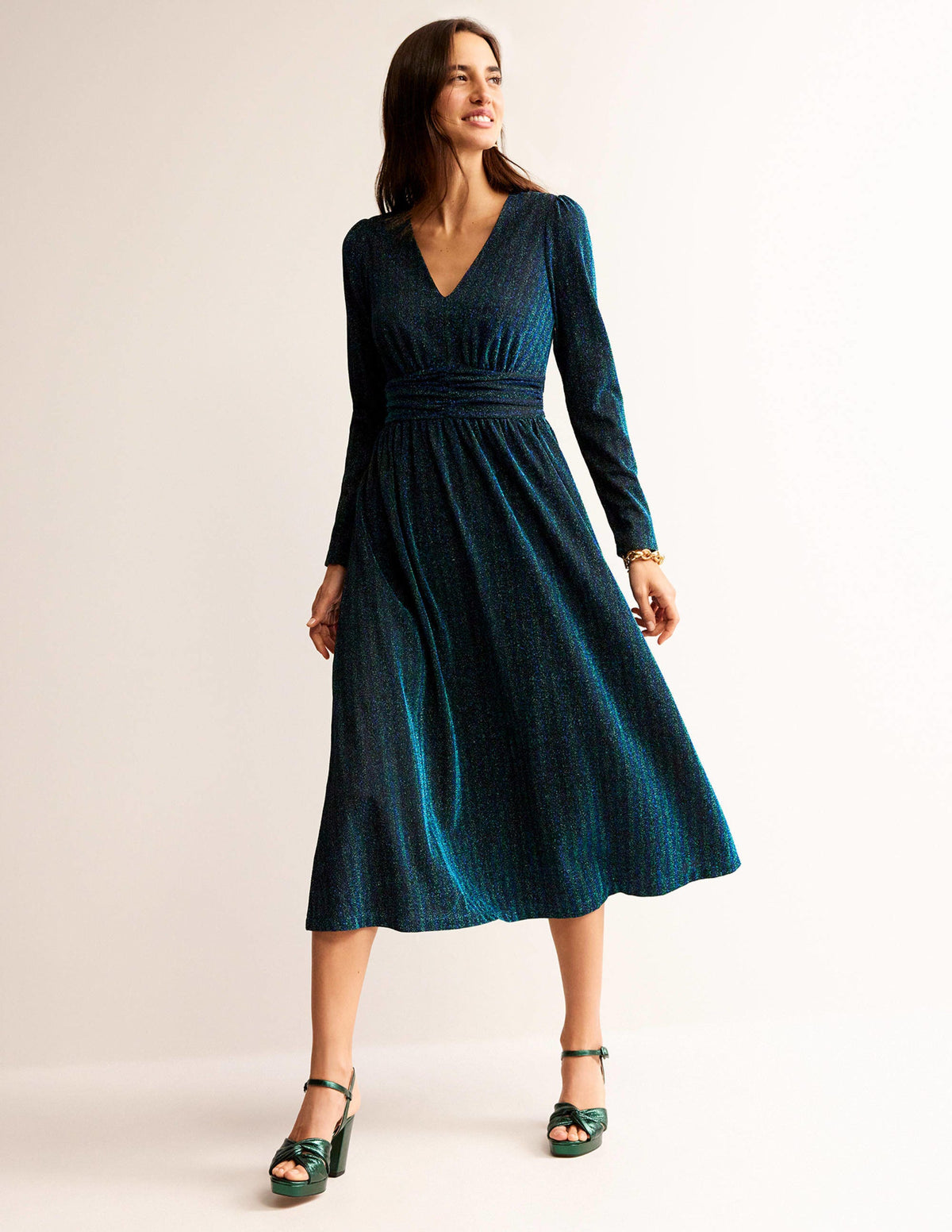 Ruched Sparkle Midi Dress-Green, Navy Stripe - Image 1