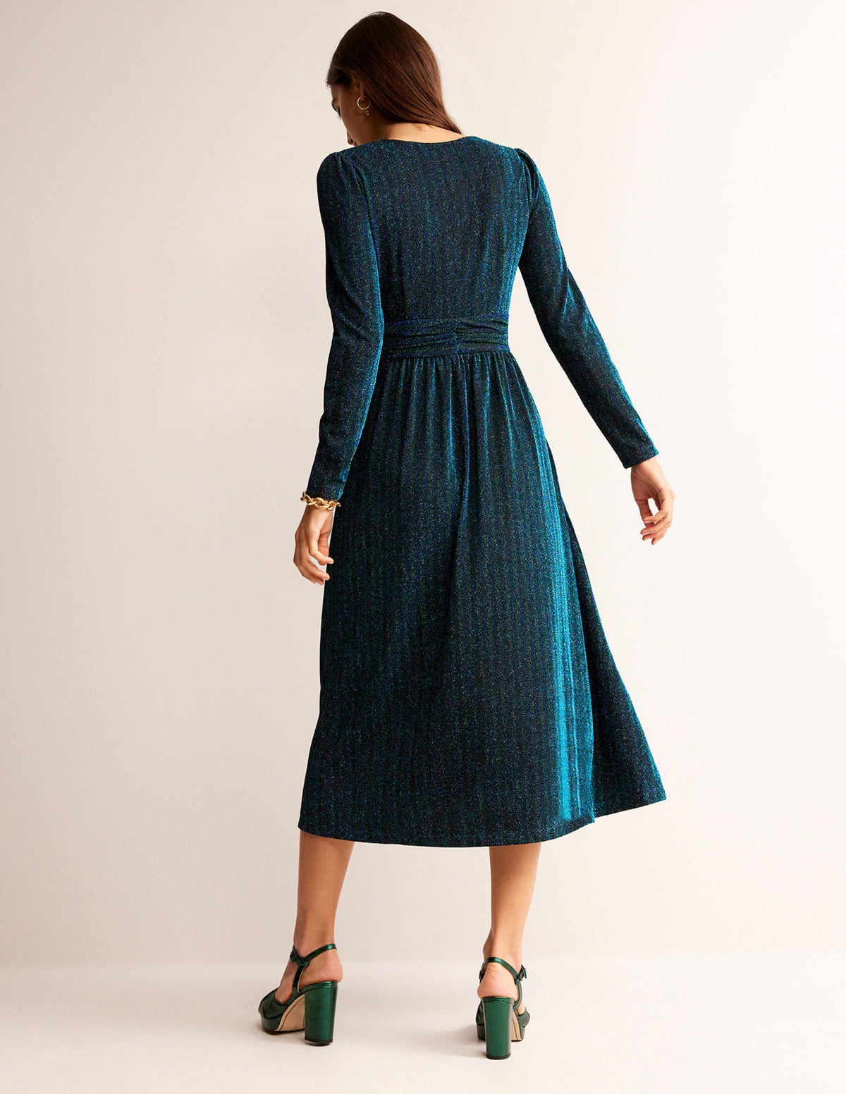 Ruched Sparkle Midi Dress-Green, Navy Stripe - Image 3