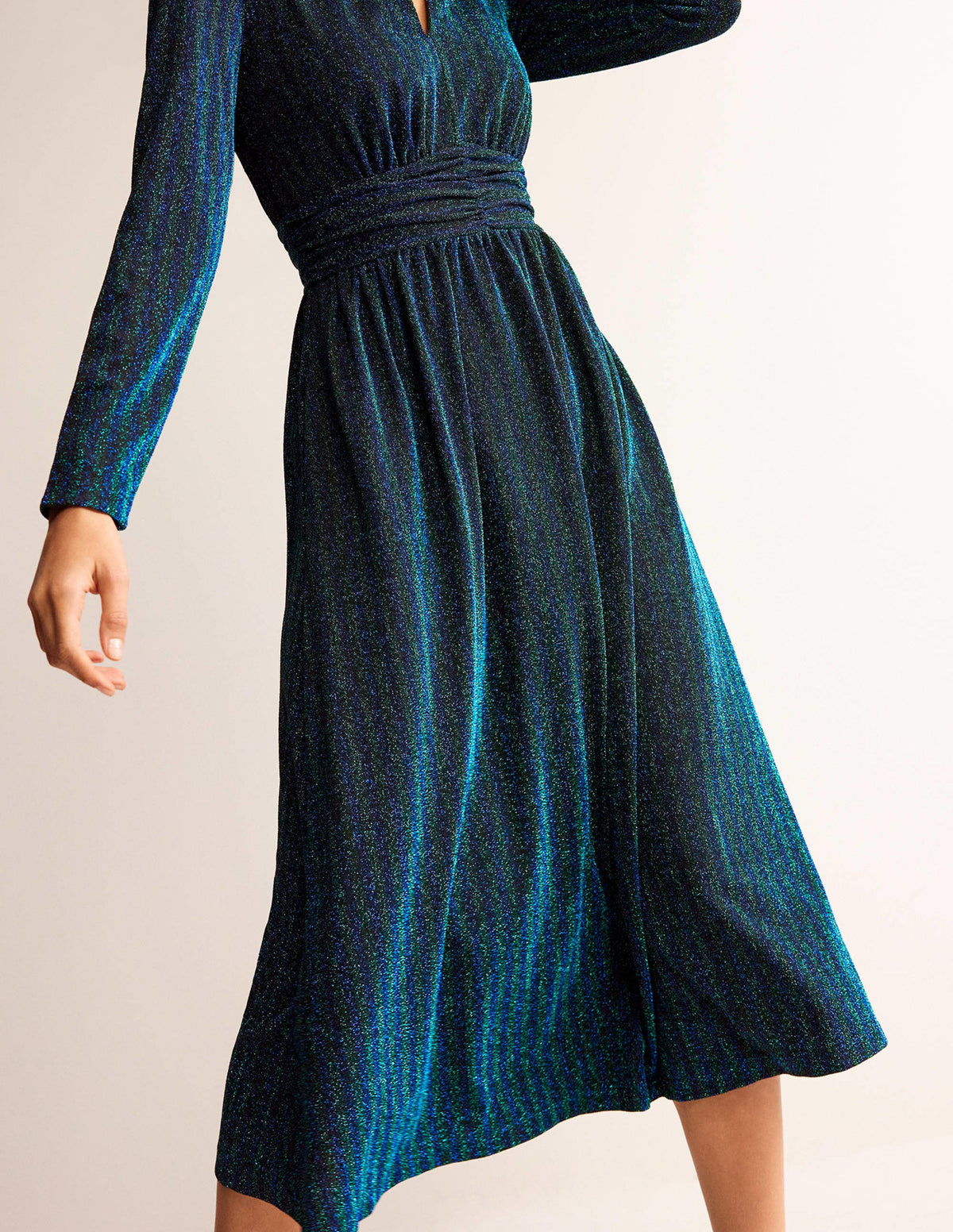 Ruched Sparkle Midi Dress-Green, Navy Stripe-4