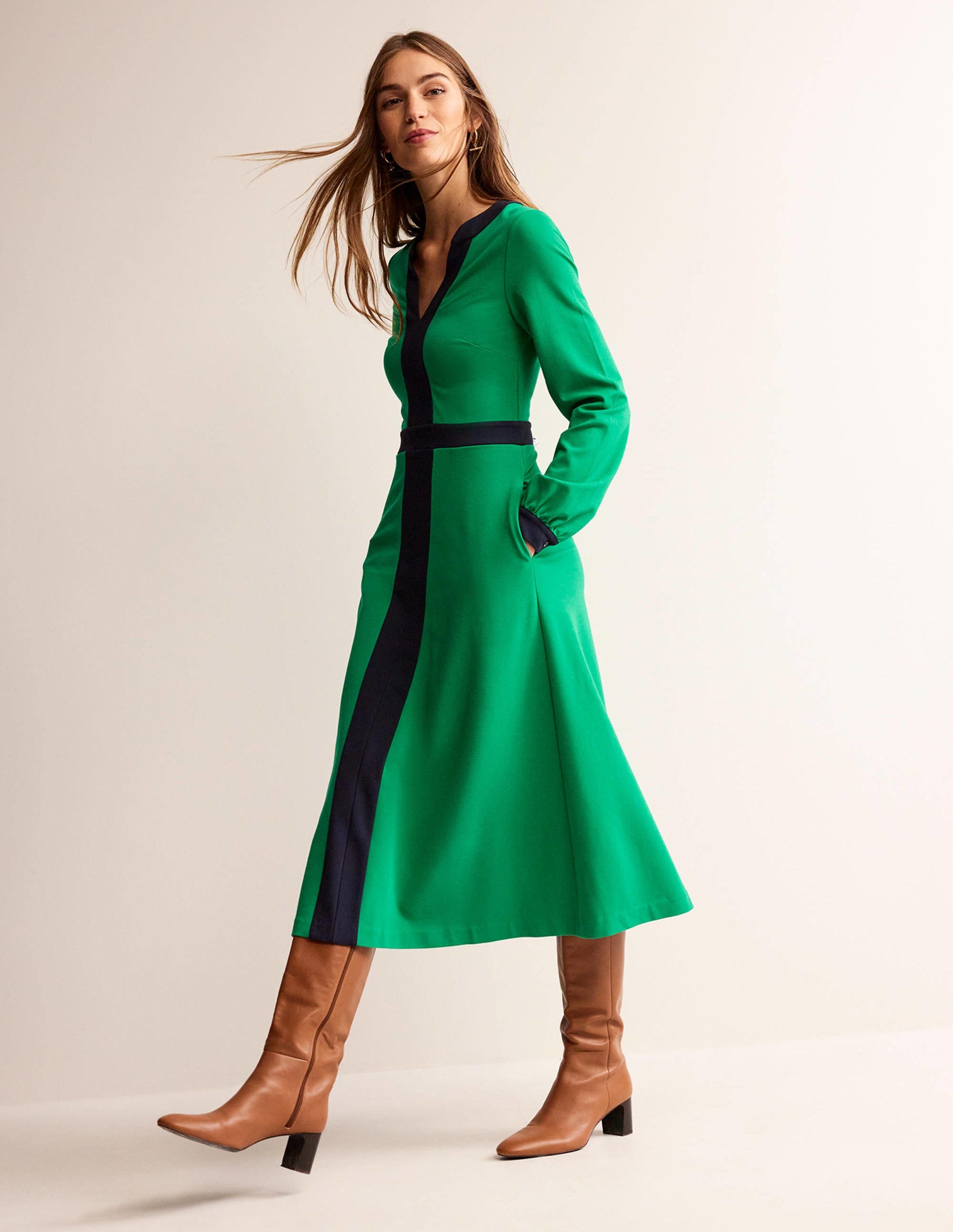 Colour Block V-Neck Midi Dress-Green and Navy - Image 1