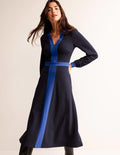 Colour Block V-Neck Midi Dress-Navy and Bright Blue