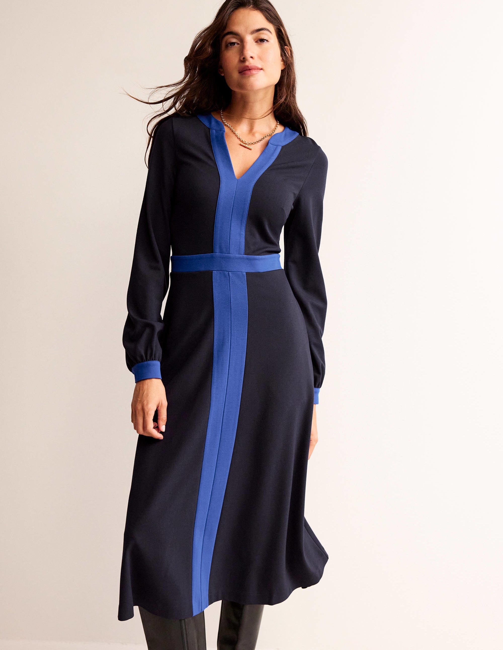 Colour Block V-Neck Midi Dress-Navy and Bright Blue - Image 4