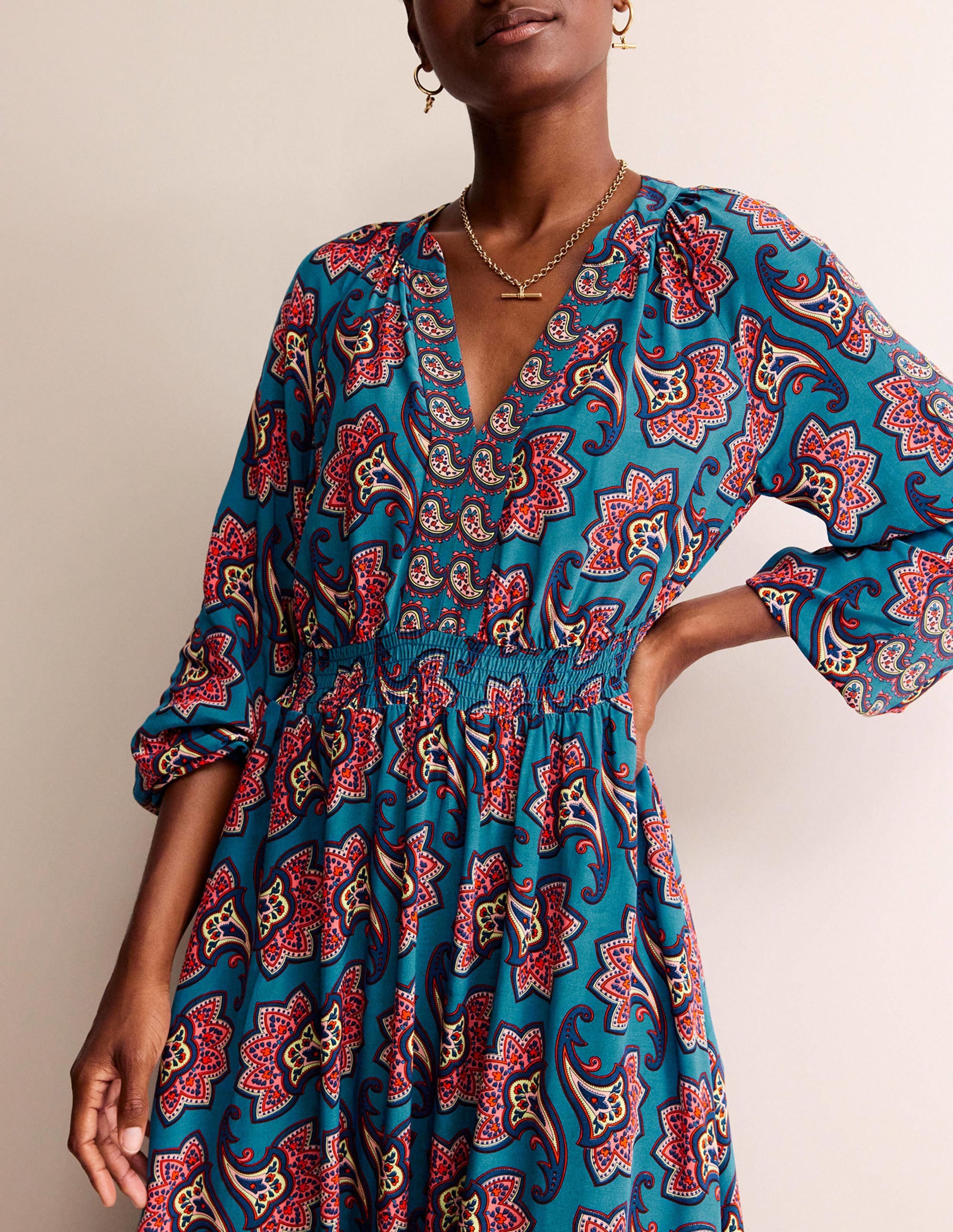 Border Print Raglan Midi Dress-Aegean Blue, Paisley Amaryllis - Image 2