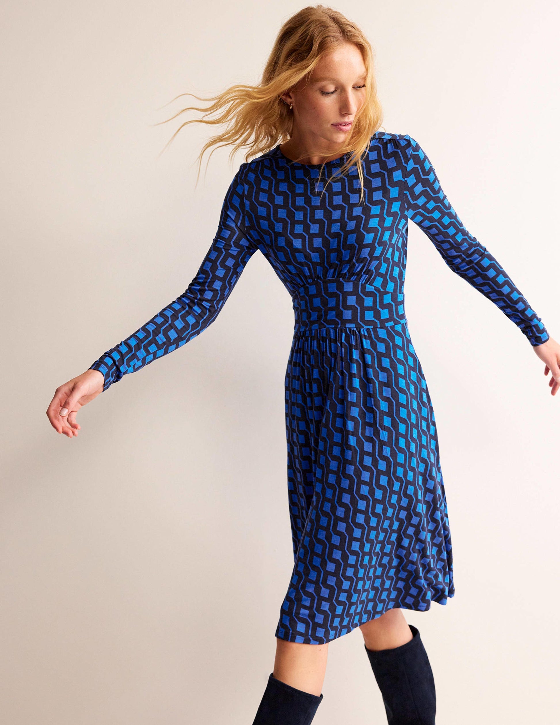 Thea Short Jersey Dress-Bright Cobalt, Cube Geo-1