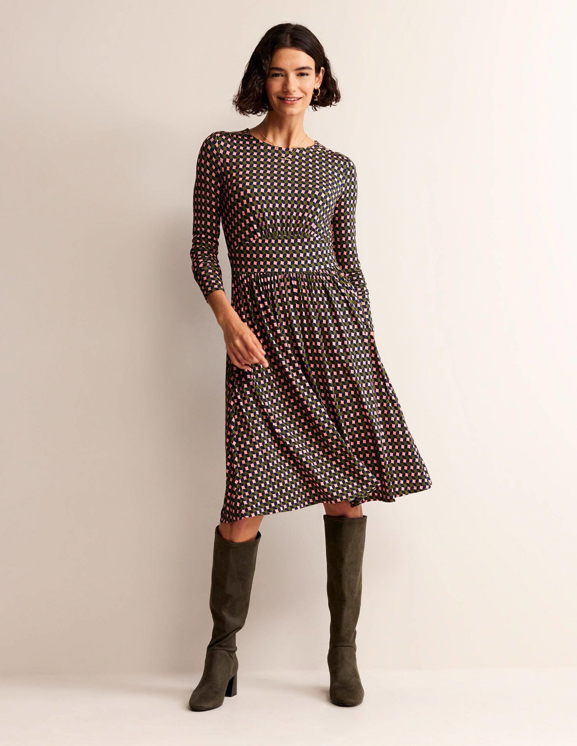 Thea Short Jersey Dress-Olive Green, Abstract Diamond-1