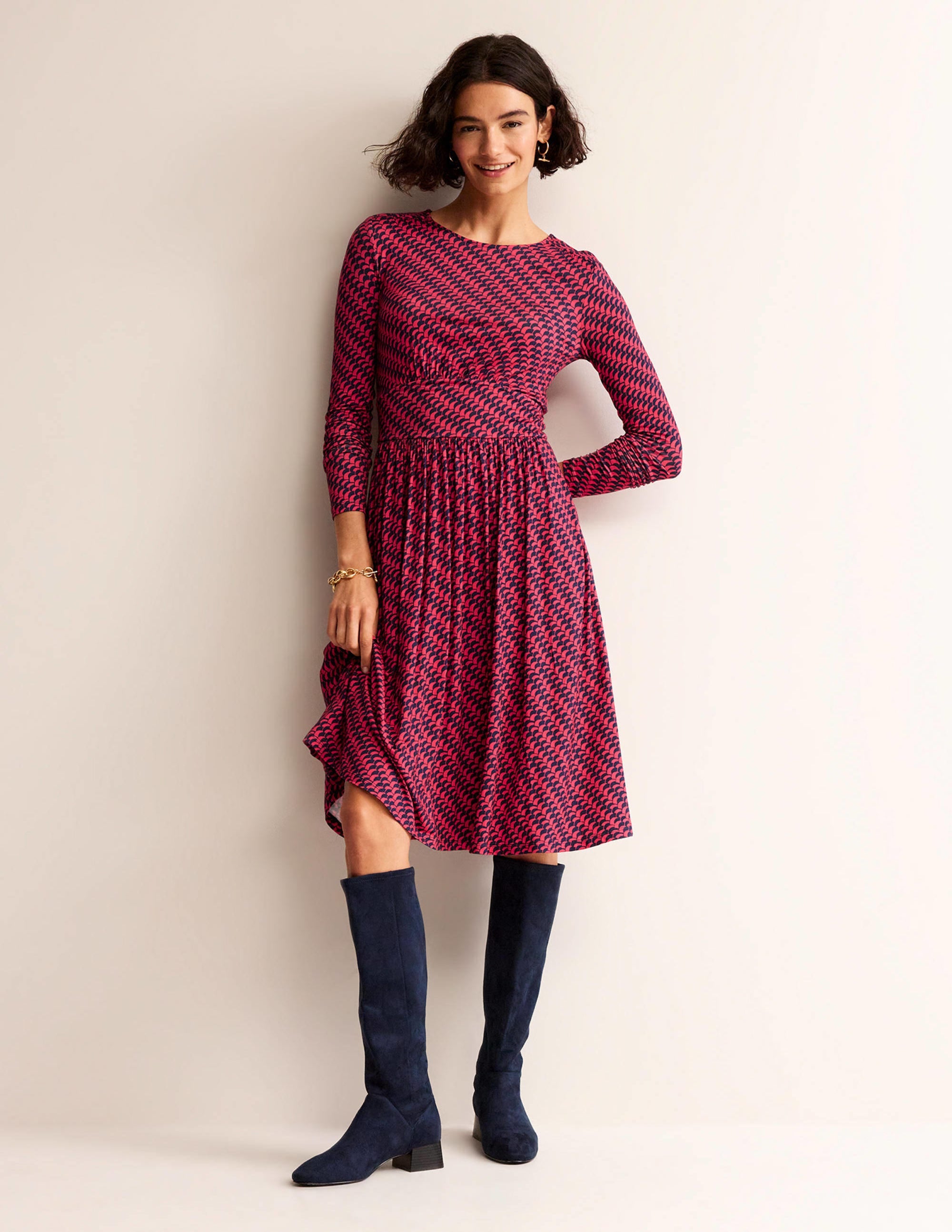 Thea Short Jersey Dress-Pop Peony, Geo fall - Image 1