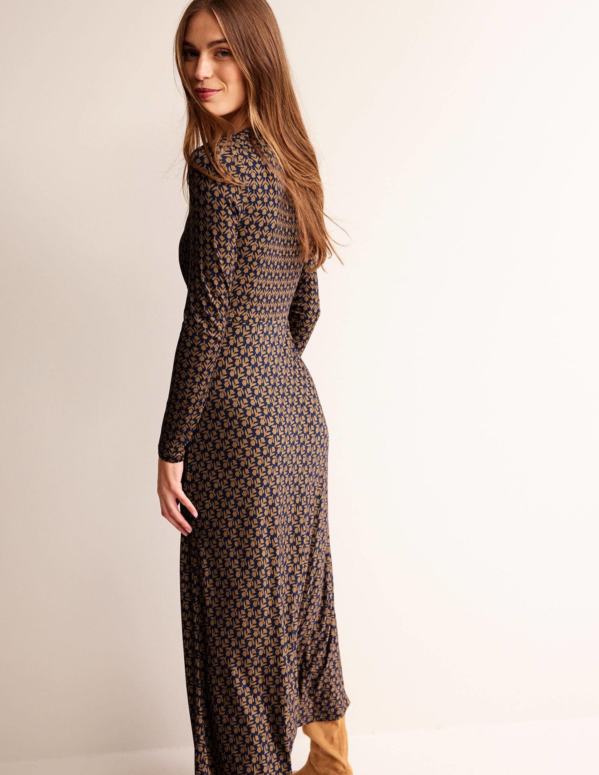 Long Sleeve Jersey Tea Dress-Camel, Tulip Pop-1
