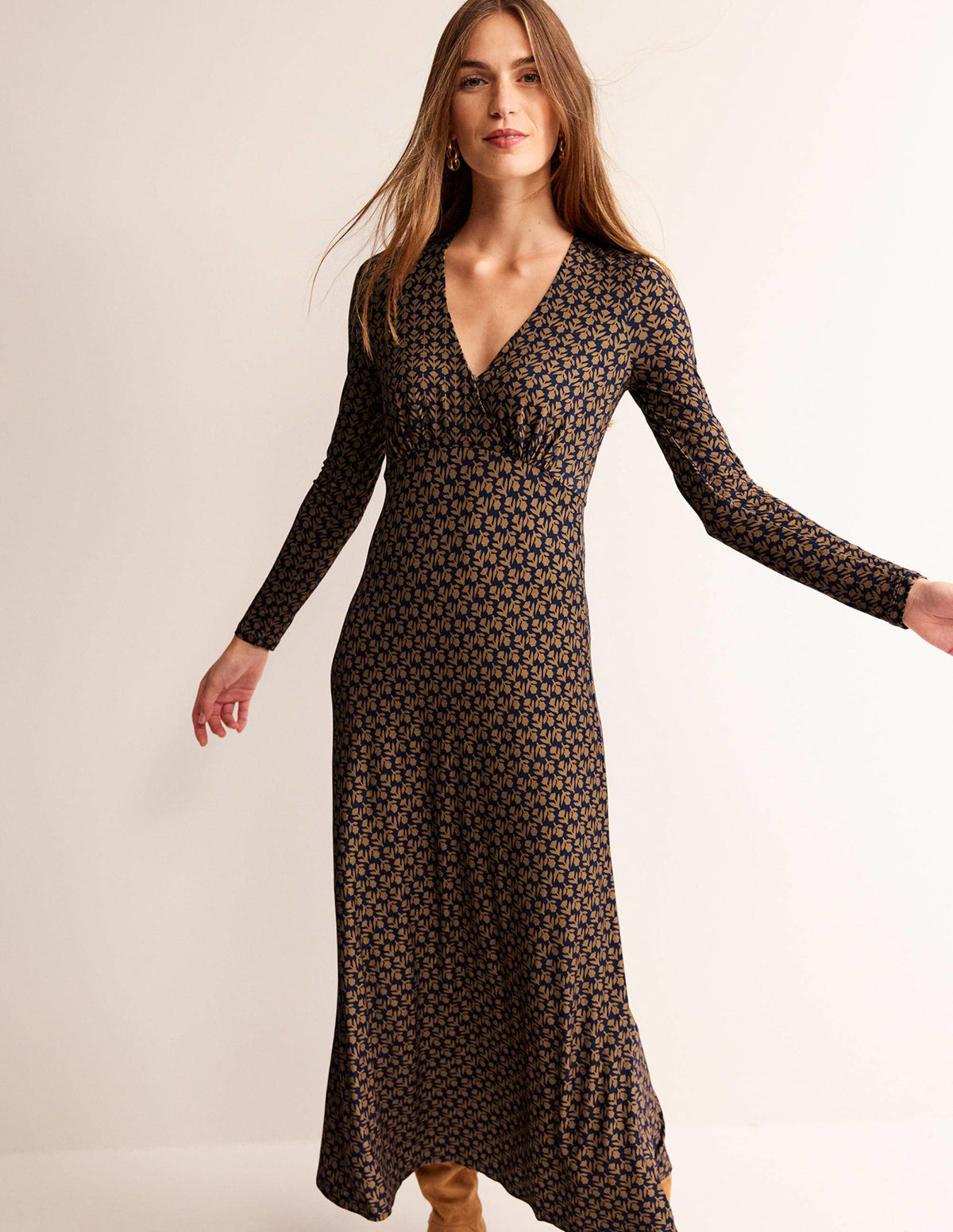 Long Sleeve Jersey Tea Dress-Camel, Tulip Pop - Image 2