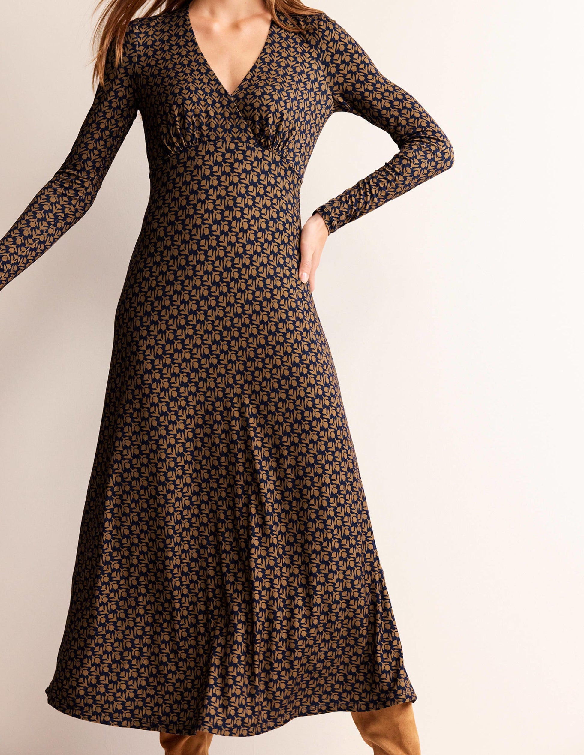 Long Sleeve Jersey Tea Dress-Camel, Tulip Pop-4