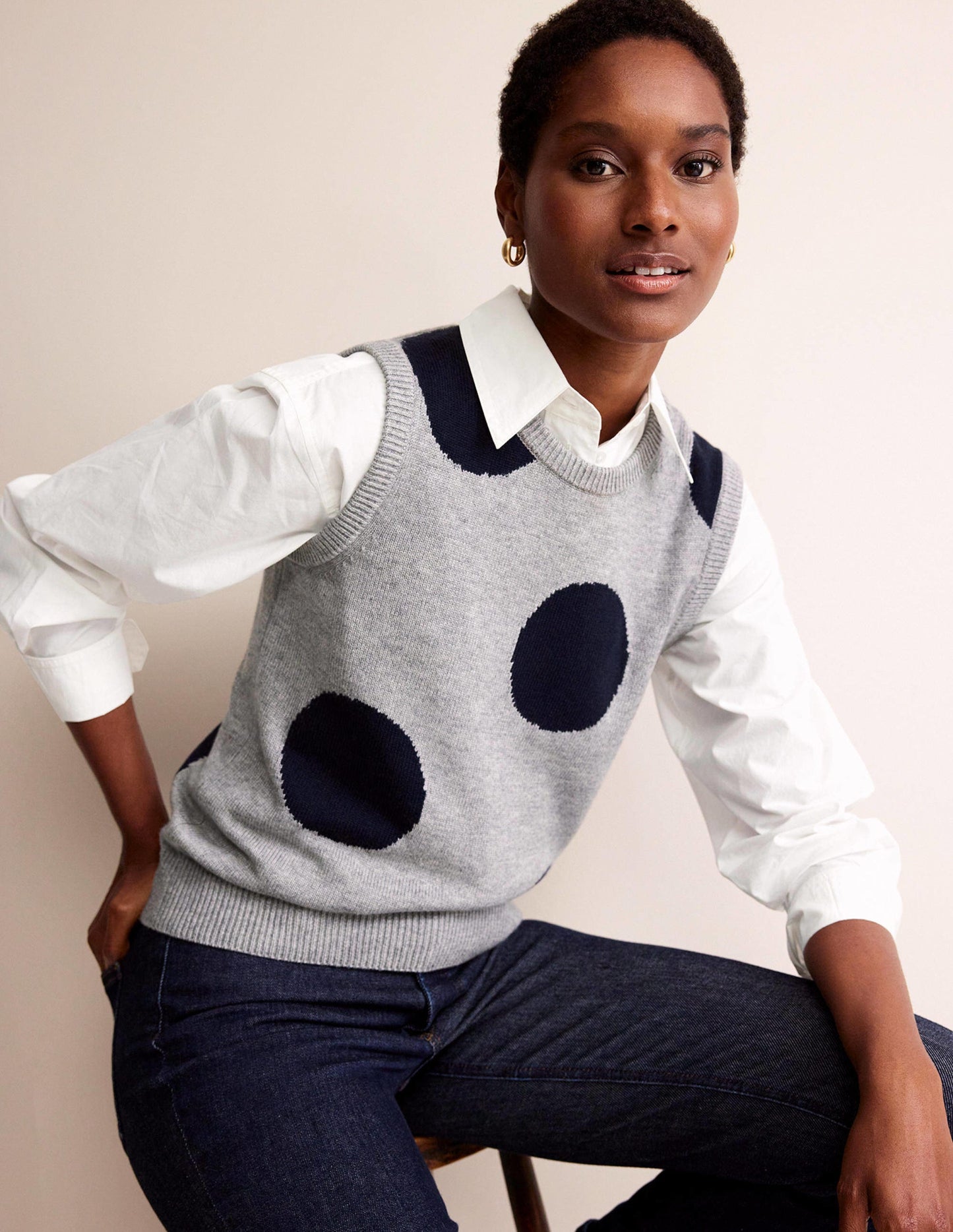 Fiona Tank-Grey Melange, Navy Spot