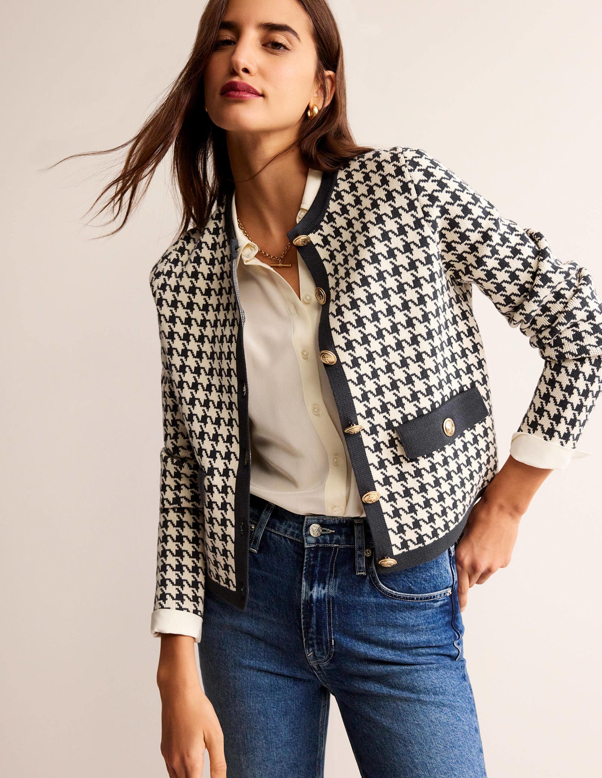 Holly Knitted Jacket-Charcoal / Ivory Houndstooth - Image 1