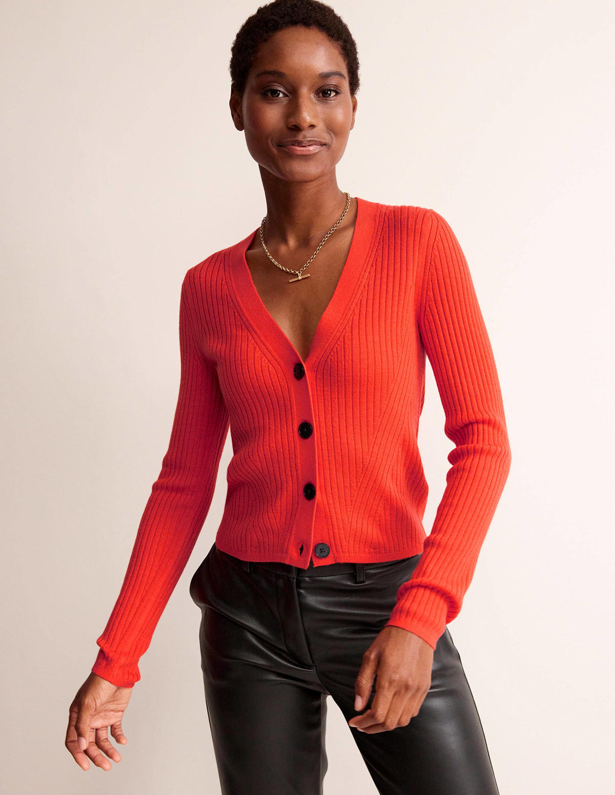 Ribbed Merino V Cardigan-Vermillion Red-1