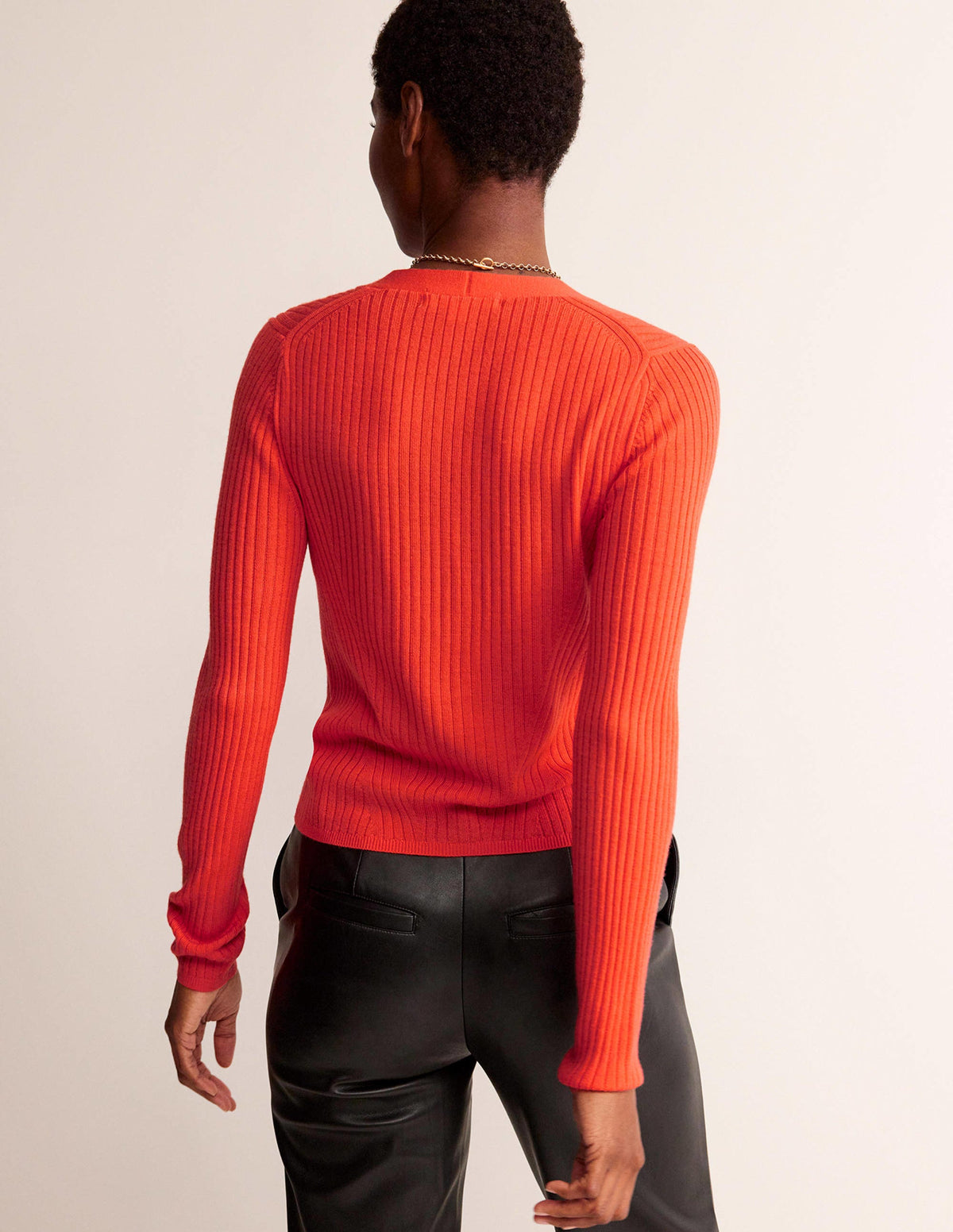 Ribbed Merino V Cardigan-Vermillion Red - Image 3