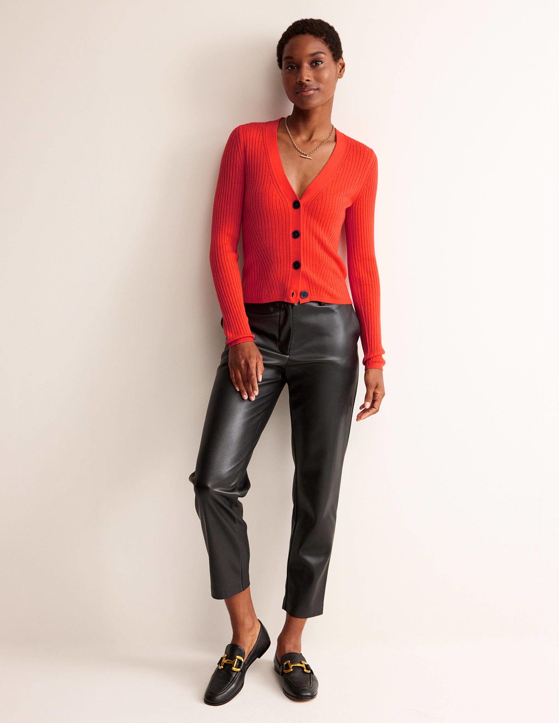 Ribbed Merino V Cardigan-Vermillion Red-4
