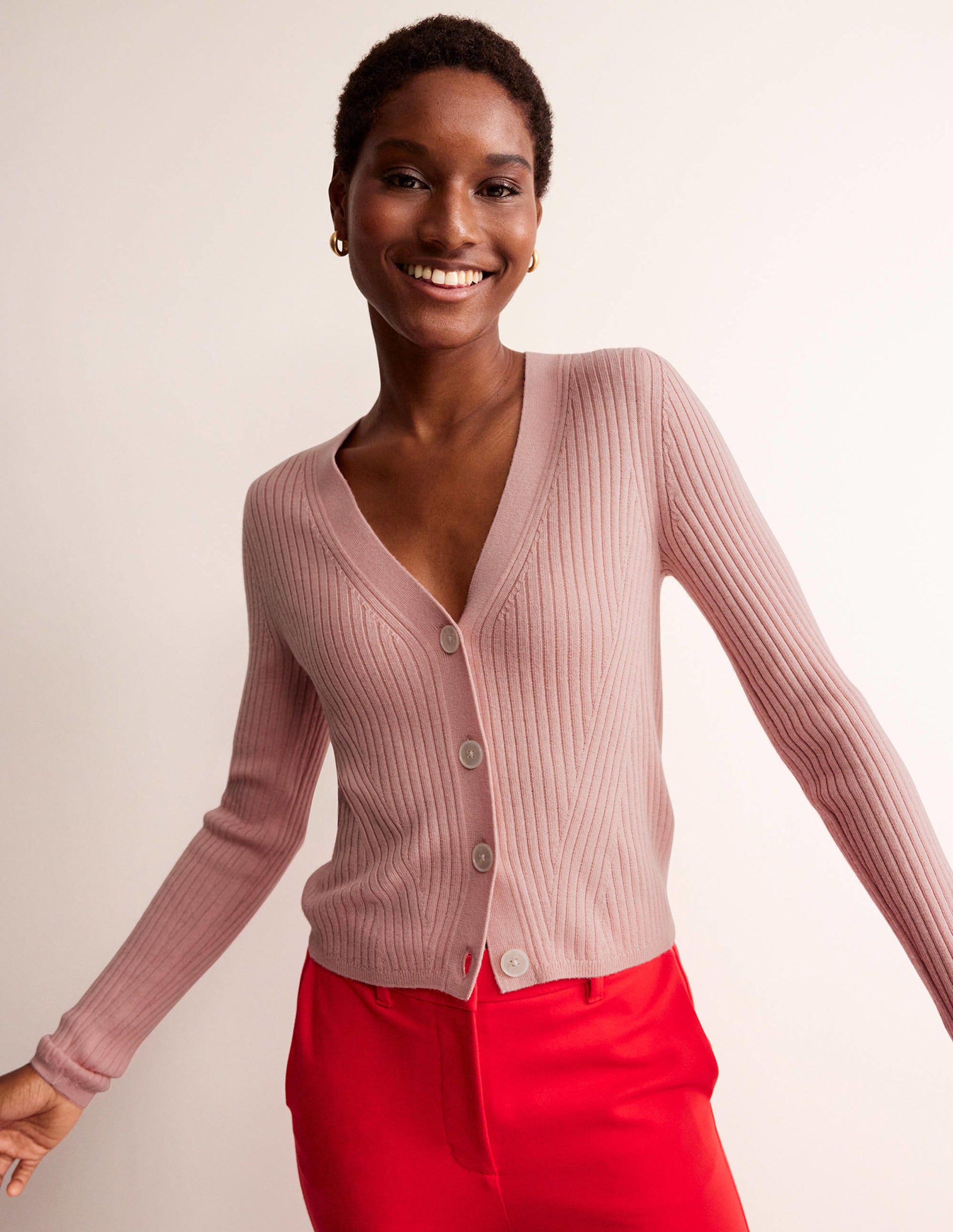 Ribbed Merino V Cardigan-Chalk Pink-1