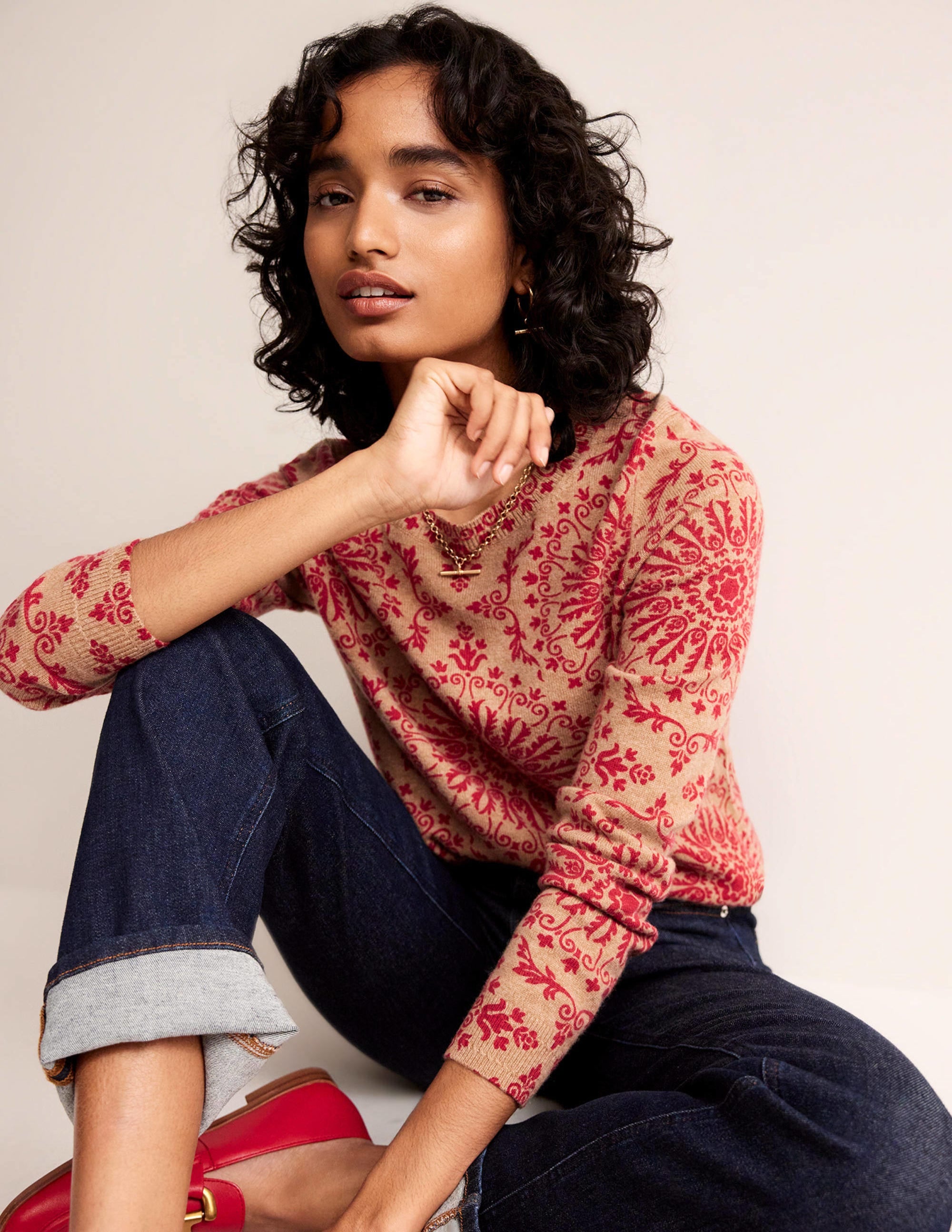 Eva Cashmere Crew Neck Jumper-Camel Pop Peony - Image 4