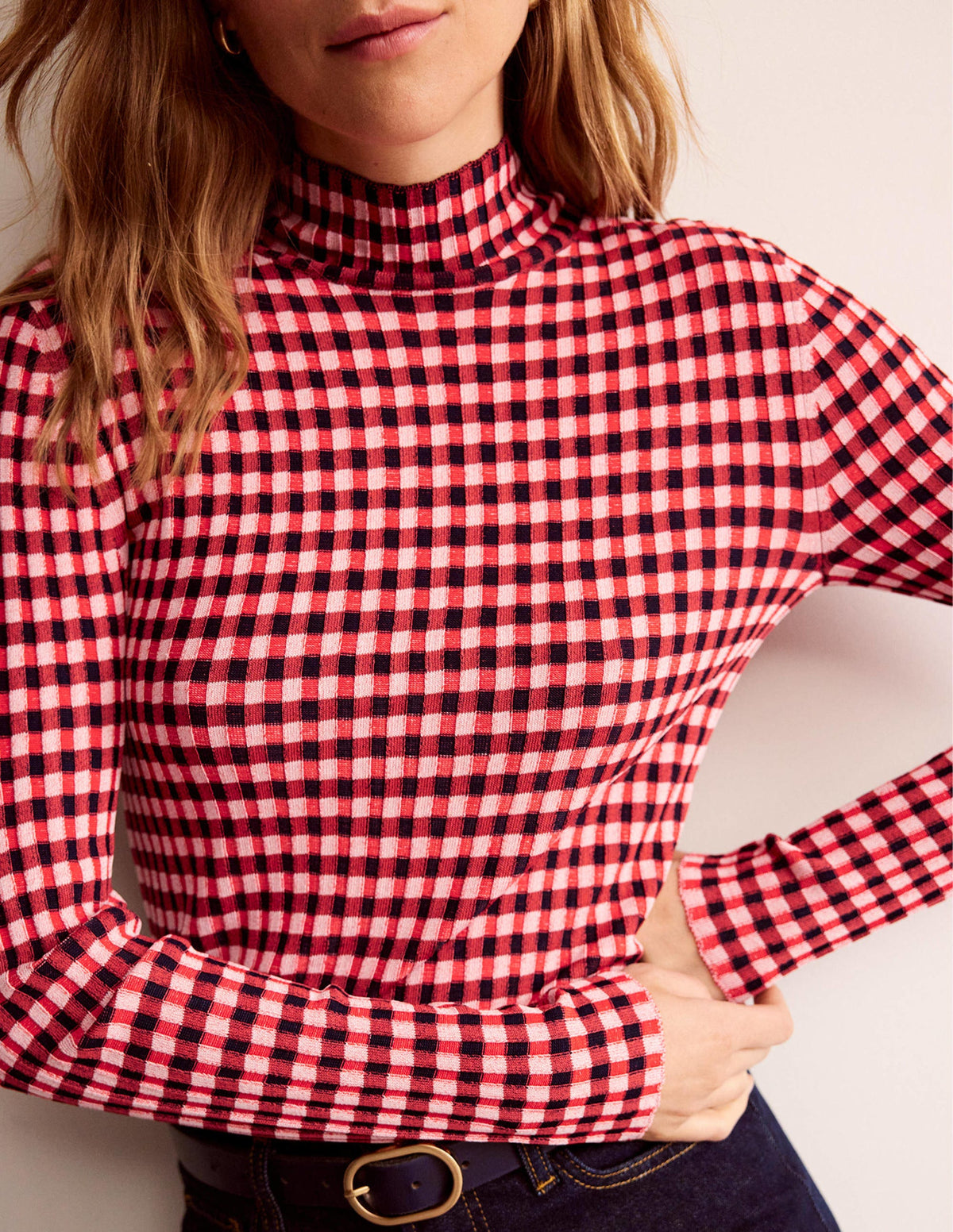 Fitted Check Jumper-Hot Pepper, Marshmallow - Image 2