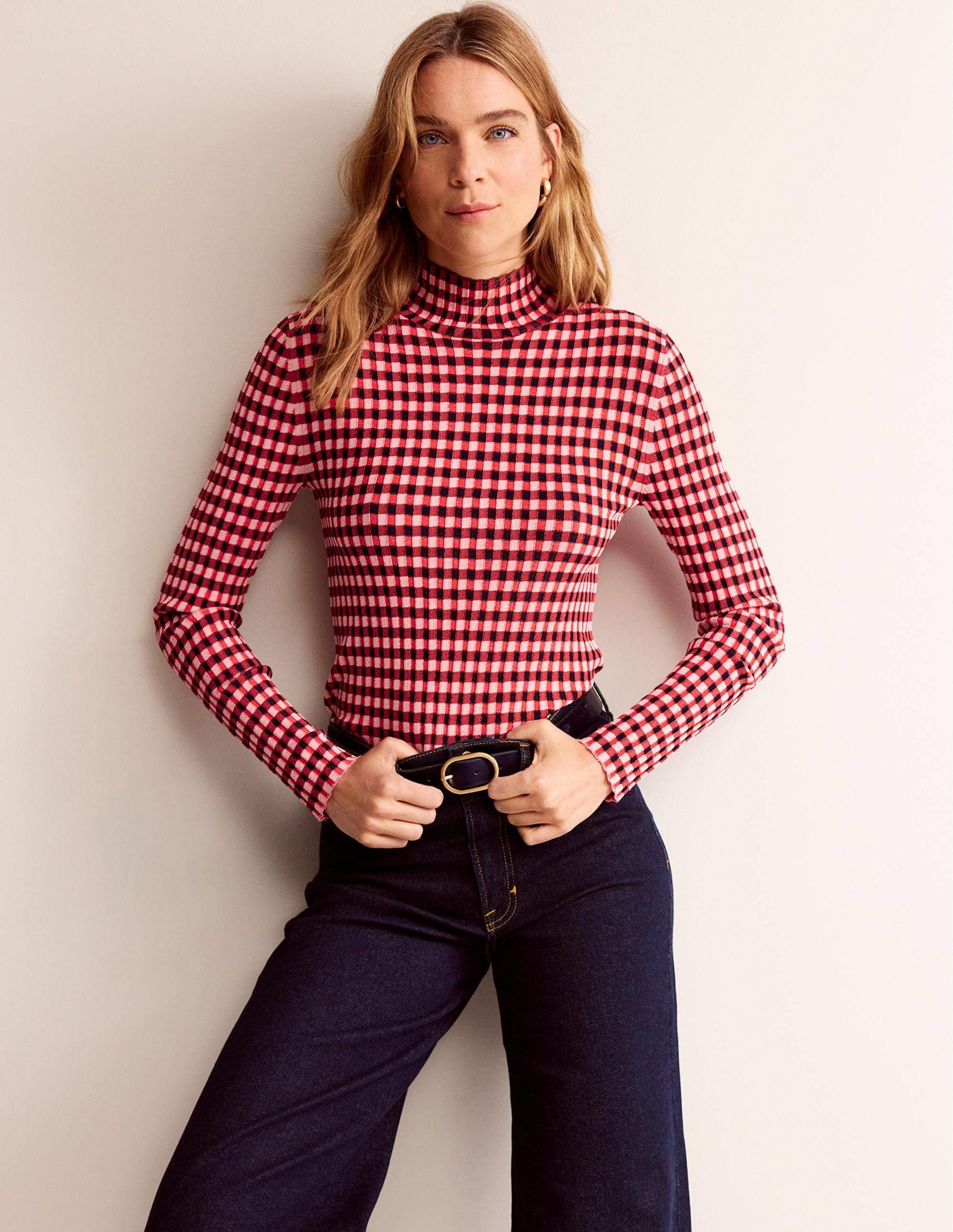 Fitted Check Jumper-Hot Pepper, Marshmallow-4