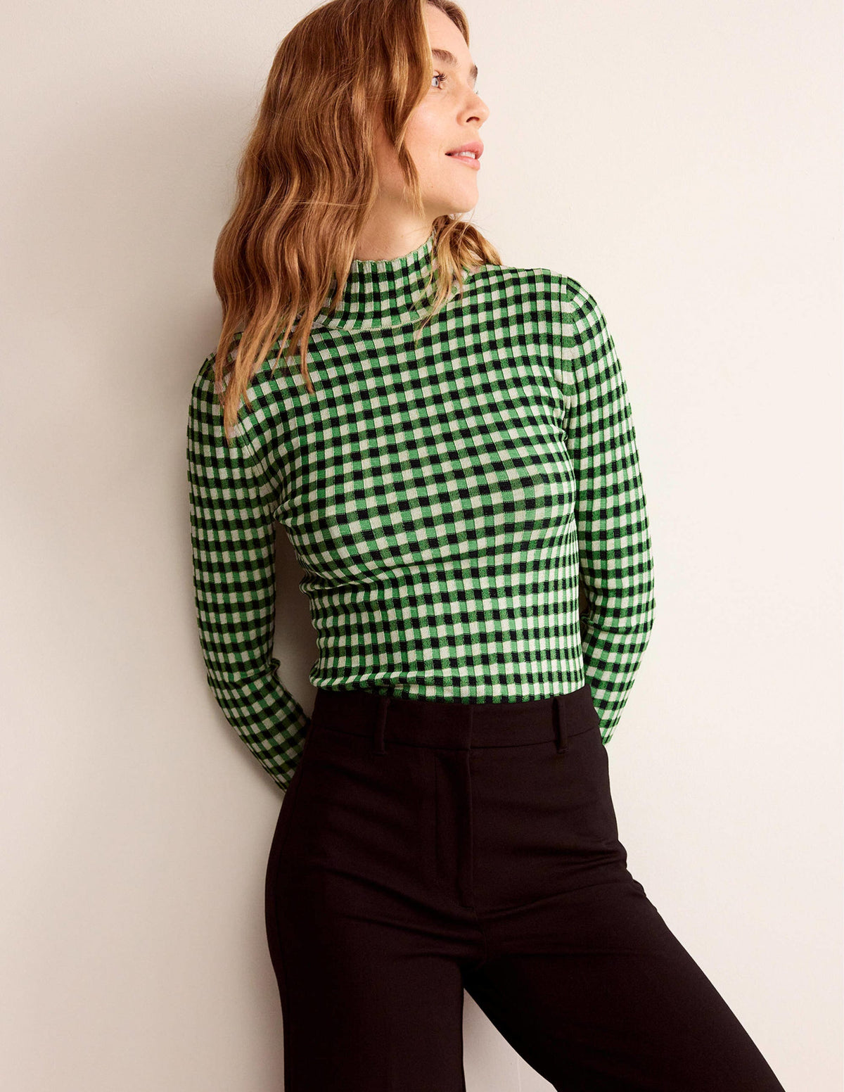 Fitted Check Jumper-Navy, Bright Green - Image 1