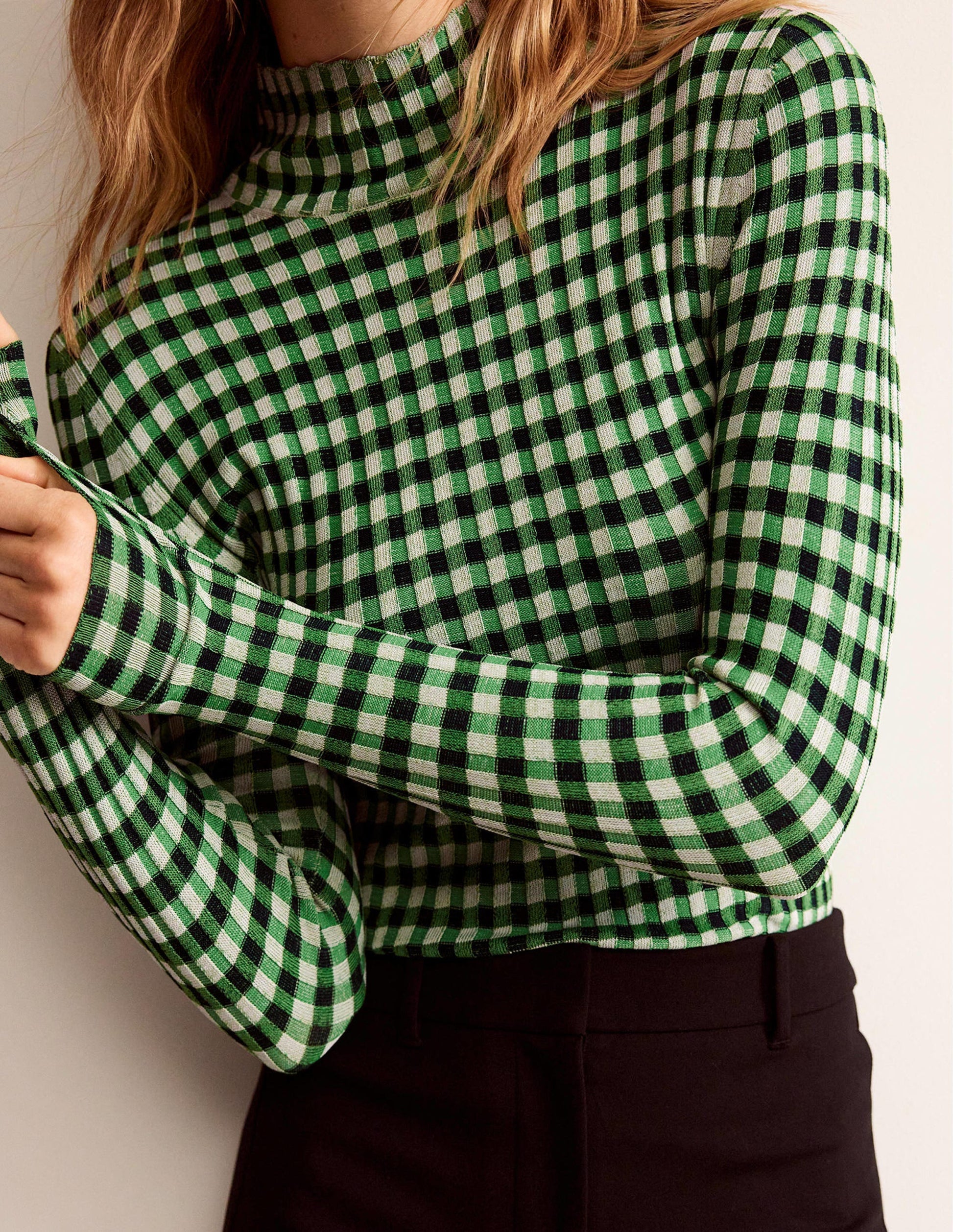 Fitted Check Jumper-Navy, Bright Green-2