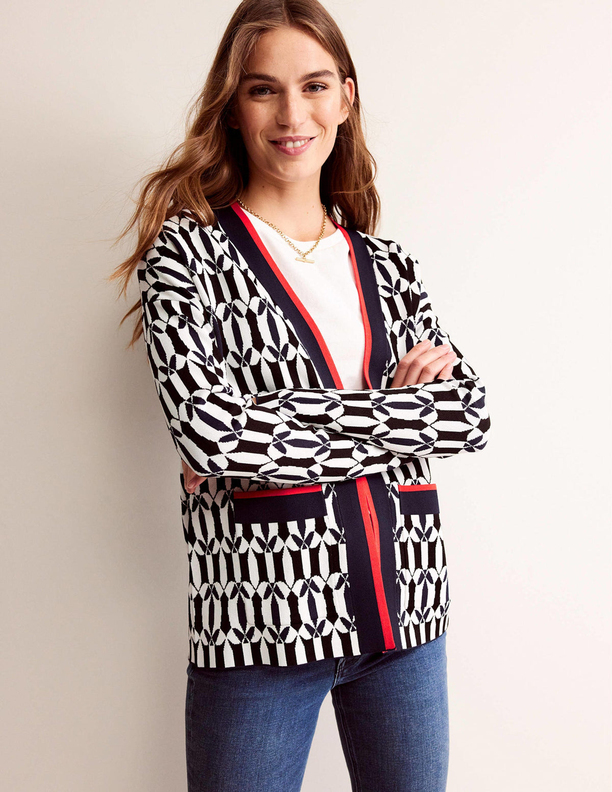 Jacquard Cardigan-Black and Ivory, Geometric - Image 1