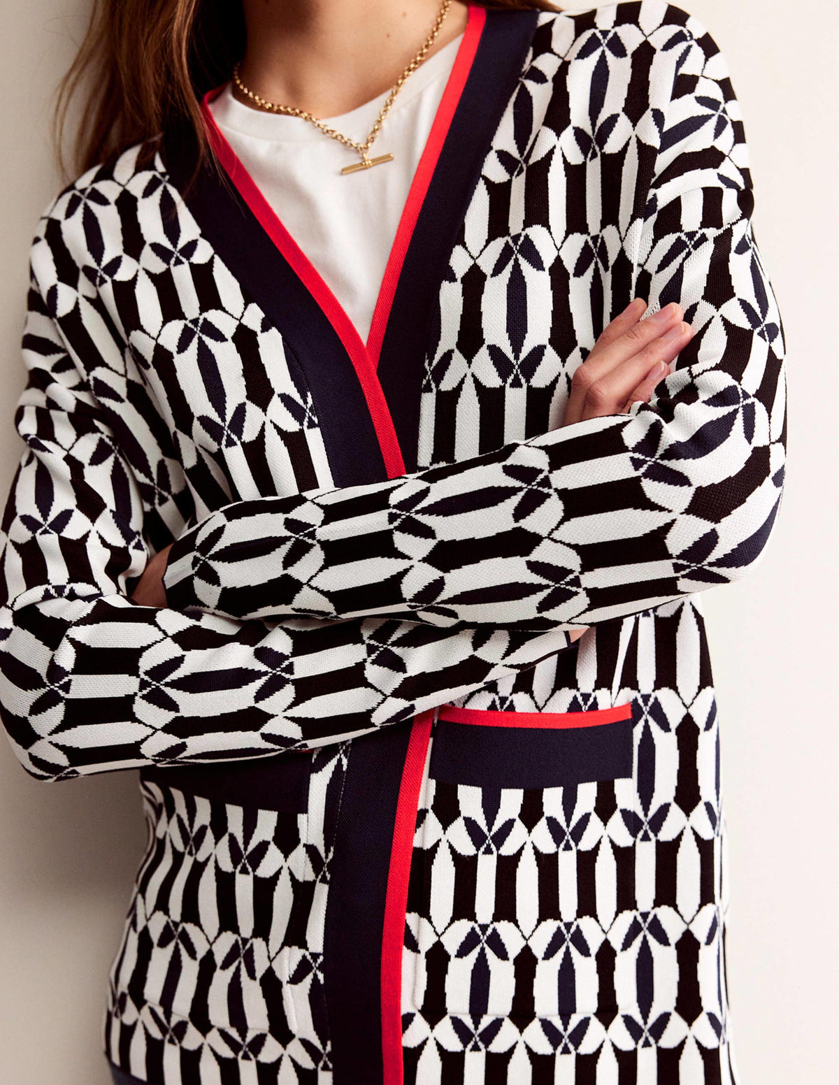 Jacquard Cardigan-Black and Ivory, Geometric - Image 2
