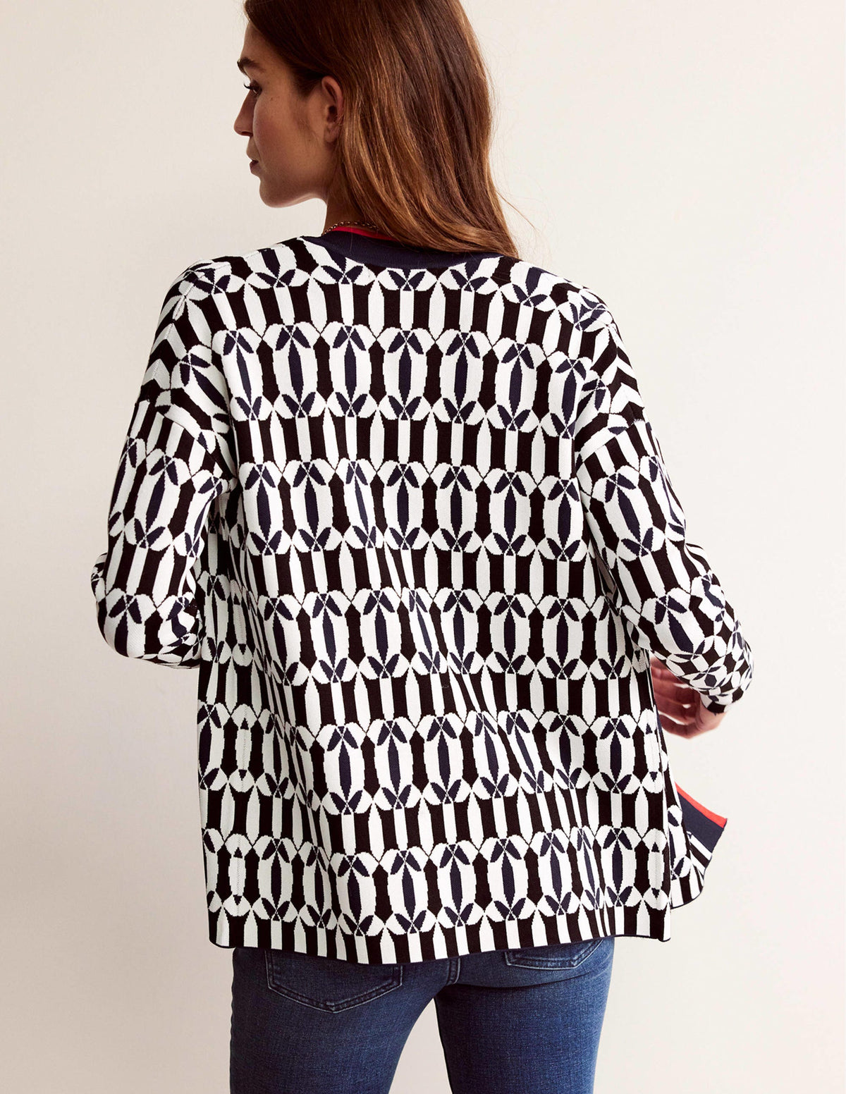 Jacquard Cardigan-Black and Ivory, Geometric - Image 3