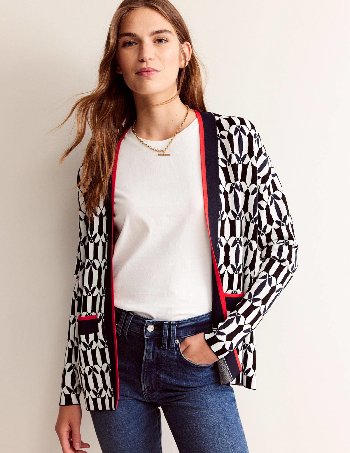Jacquard Cardigan-Black and Ivory, Geometric - Image 4