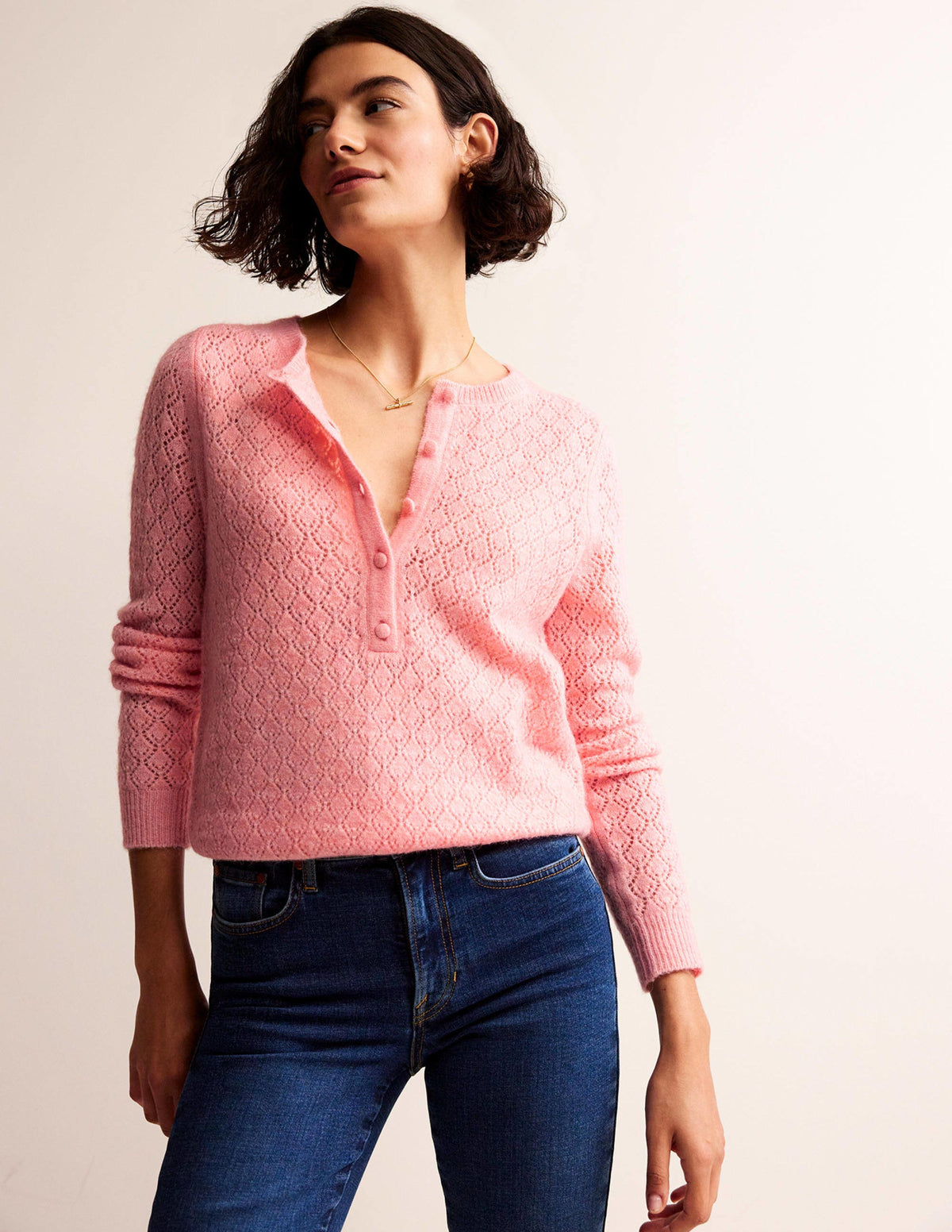 Fluffy Henley Pointelle Jumper-Dahlia Pink-1