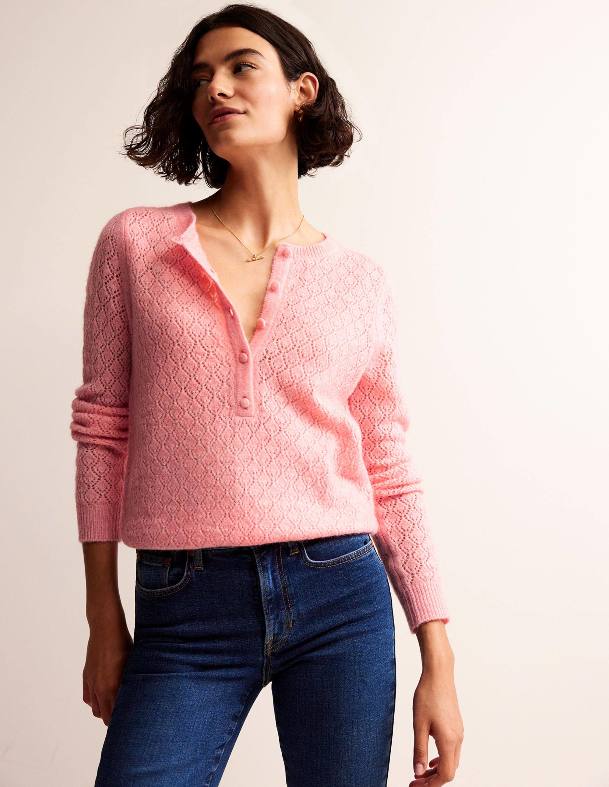 Fluffy Henley Pointelle Jumper-Dahlia Pink - Image 1
