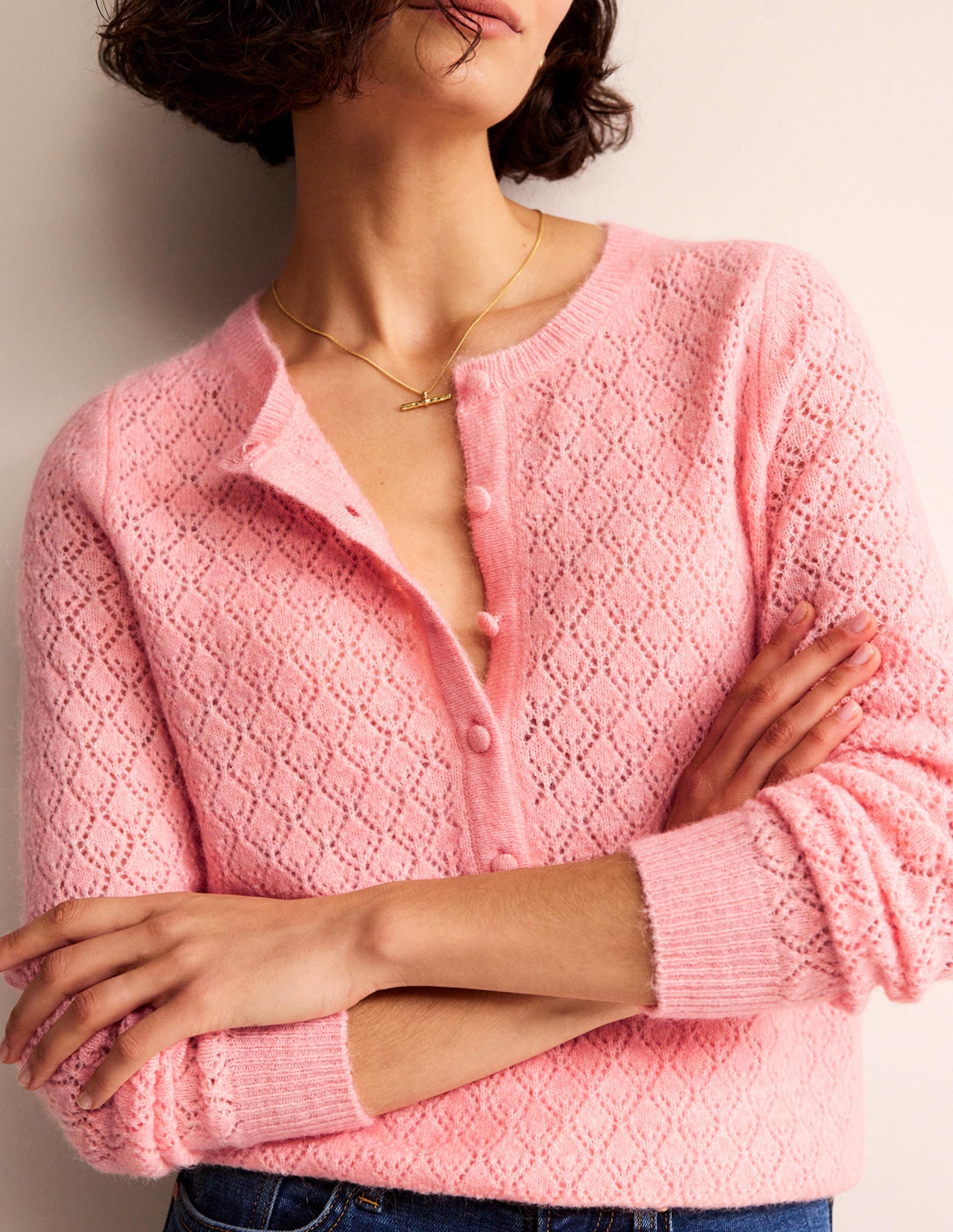 Fluffy Henley Pointelle Jumper-Dahlia Pink - Image 2